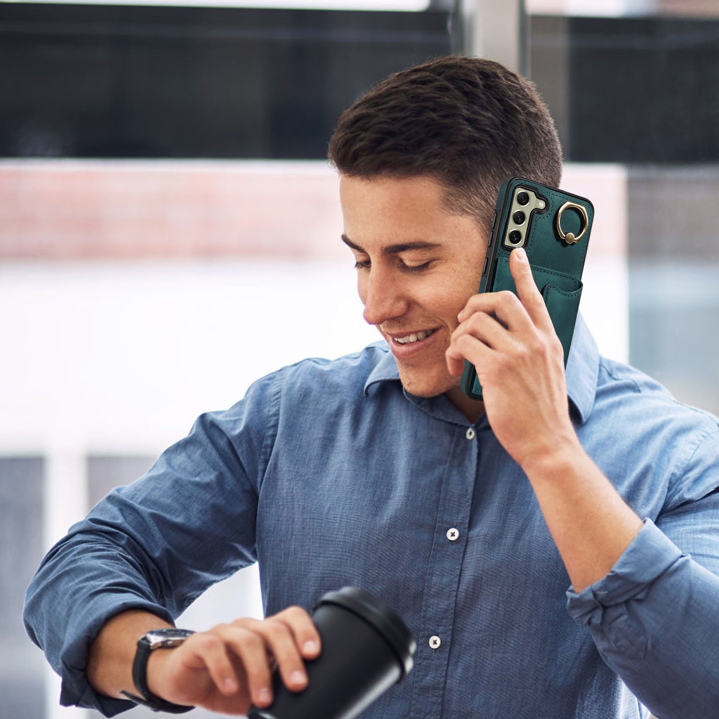 001 For Samsung Galaxy S21 FE 5G PU Leather+TPU Cover Card Holder Phone Case with Ring Kickstand