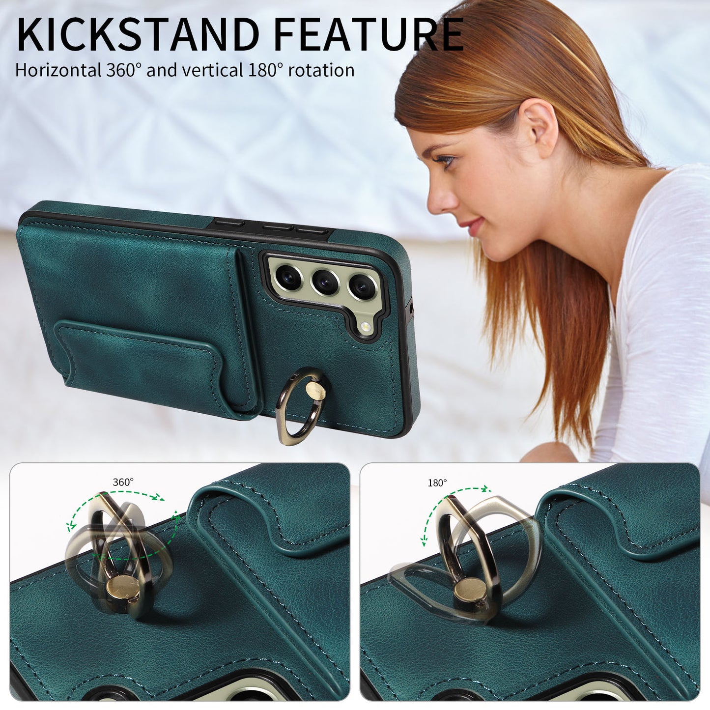 001 For Samsung Galaxy S21 FE 5G PU Leather+TPU Cover Card Holder Phone Case with Ring Kickstand