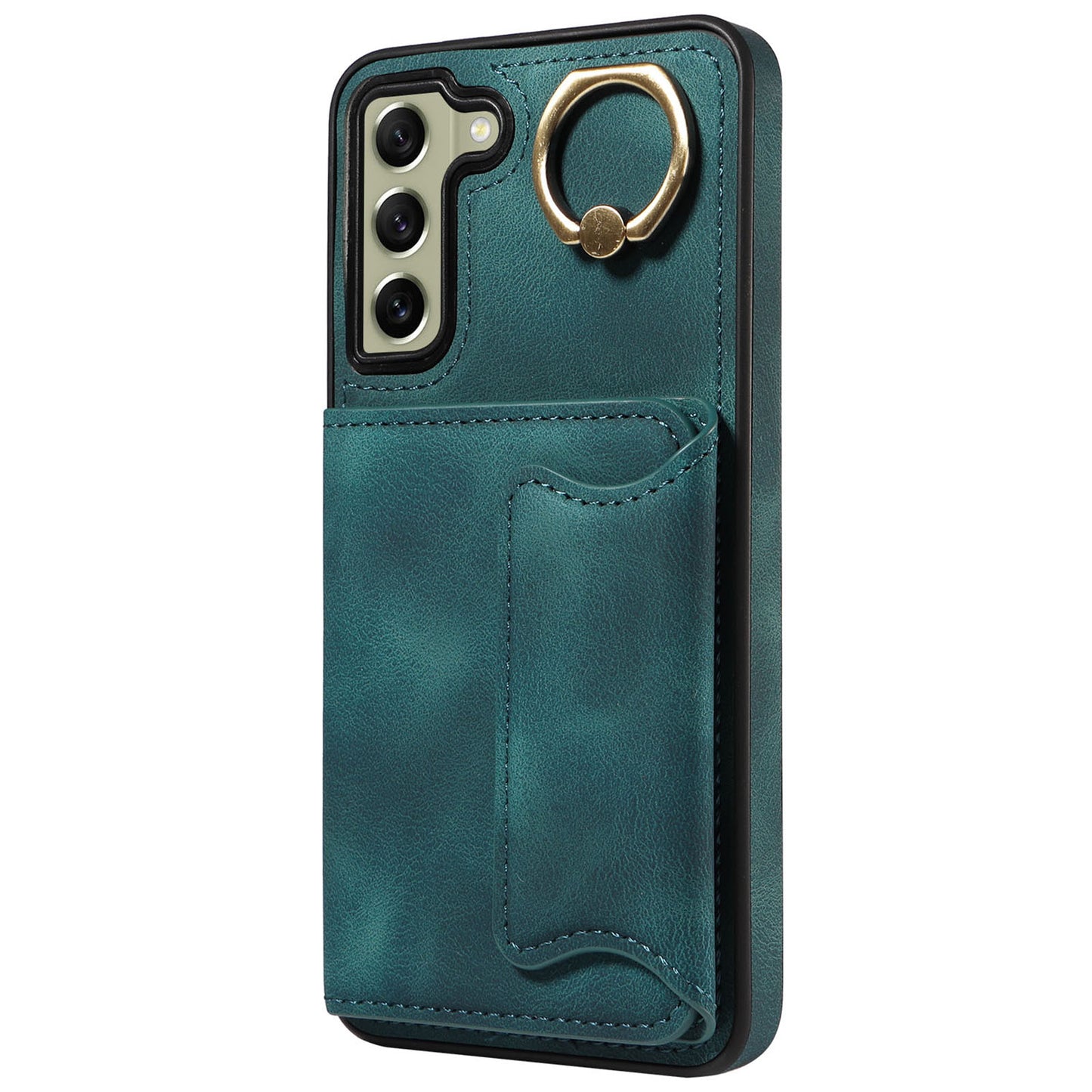 001 For Samsung Galaxy S21 FE 5G PU Leather+TPU Cover Card Holder Phone Case with Ring Kickstand