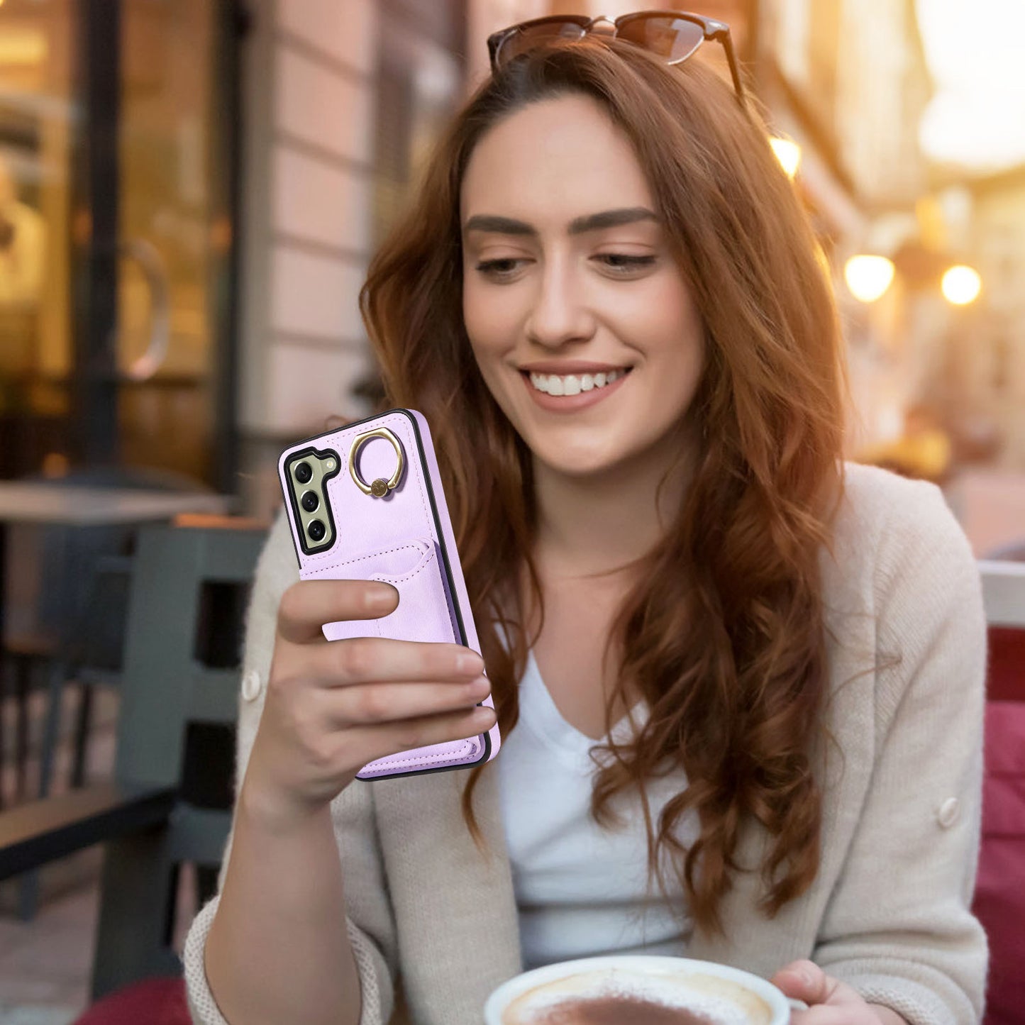 001 For Samsung Galaxy S21 FE 5G PU Leather+TPU Cover Card Holder Phone Case with Ring Kickstand