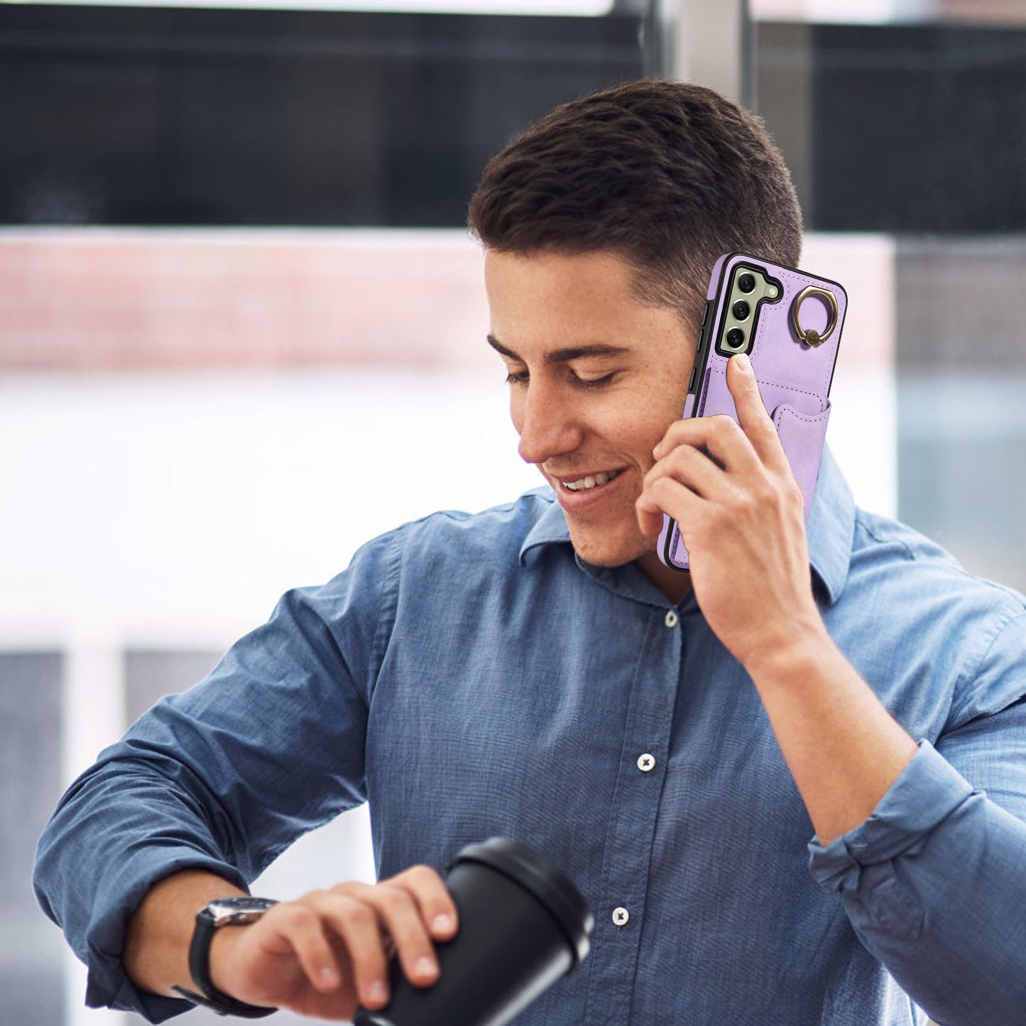 001 For Samsung Galaxy S21 FE 5G PU Leather+TPU Cover Card Holder Phone Case with Ring Kickstand