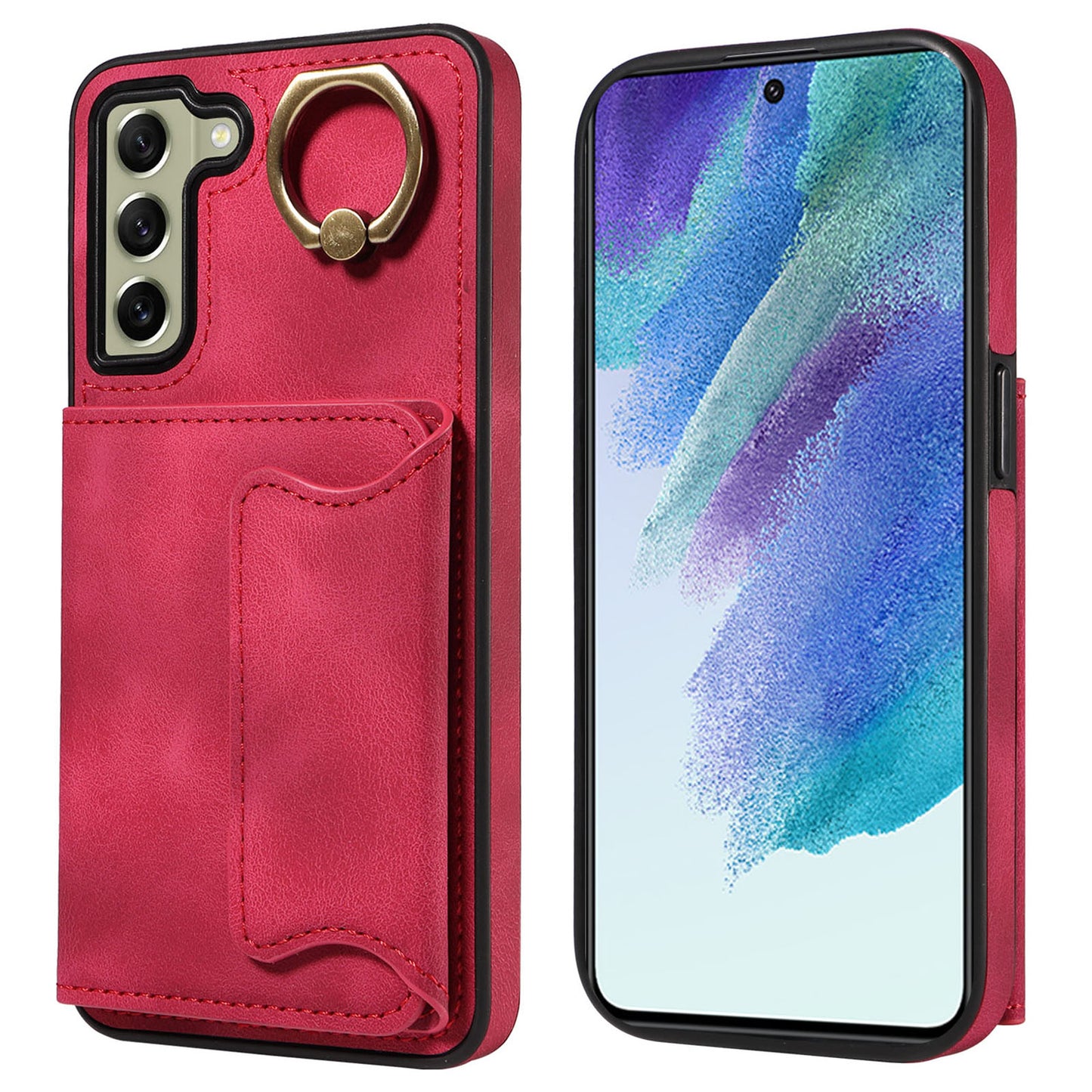 001 For Samsung Galaxy S21 FE 5G PU Leather+TPU Cover Card Holder Phone Case with Ring Kickstand