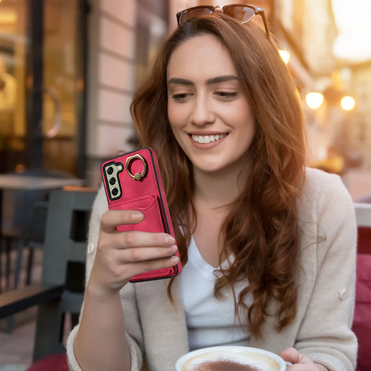 001 For Samsung Galaxy S21 FE 5G PU Leather+TPU Cover Card Holder Phone Case with Ring Kickstand