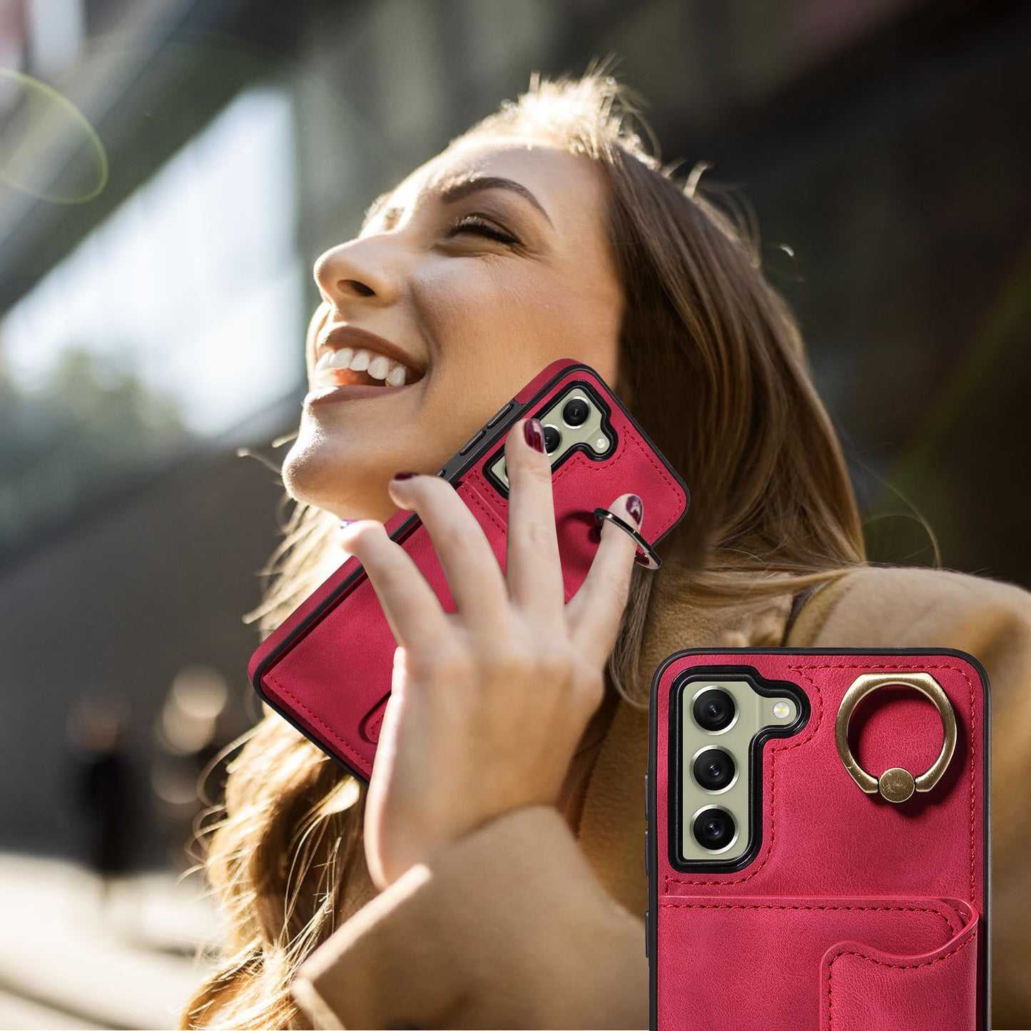 001 For Samsung Galaxy S21 FE 5G PU Leather+TPU Cover Card Holder Phone Case with Ring Kickstand