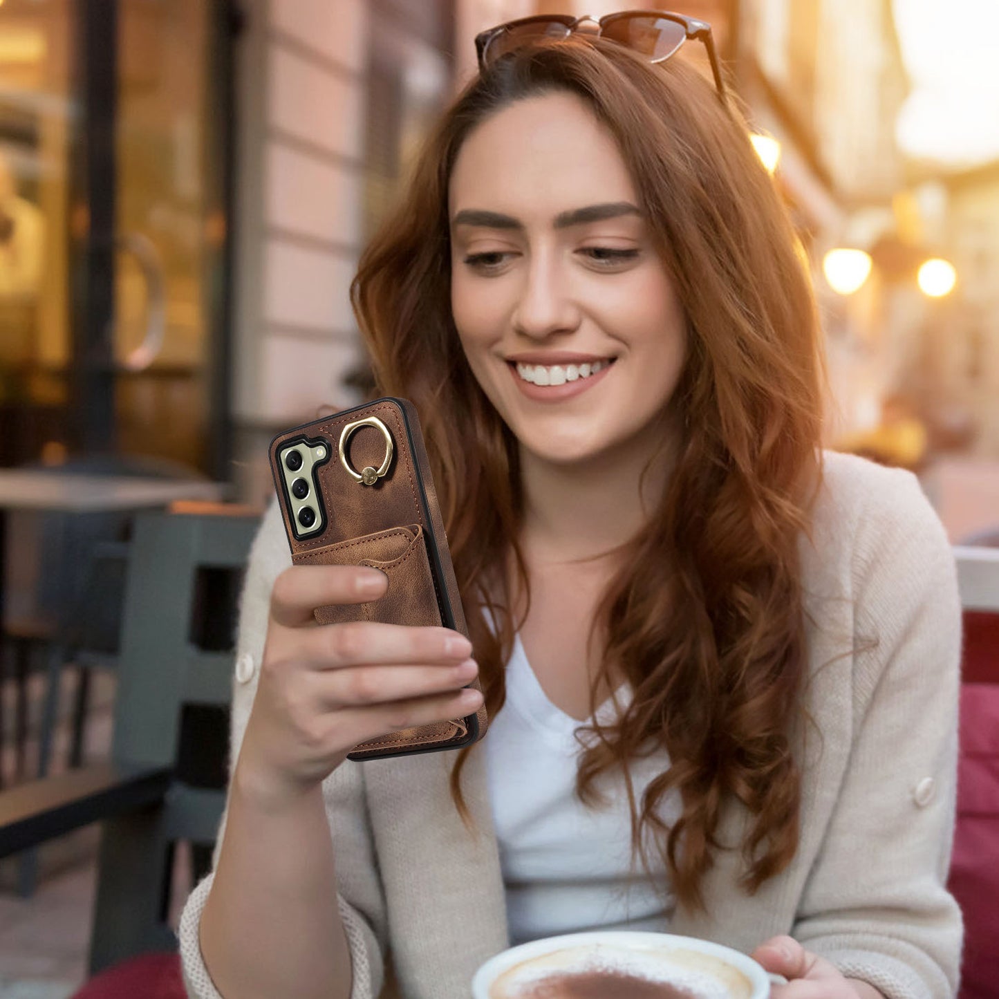 001 For Samsung Galaxy S21 FE 5G PU Leather+TPU Cover Card Holder Phone Case with Ring Kickstand