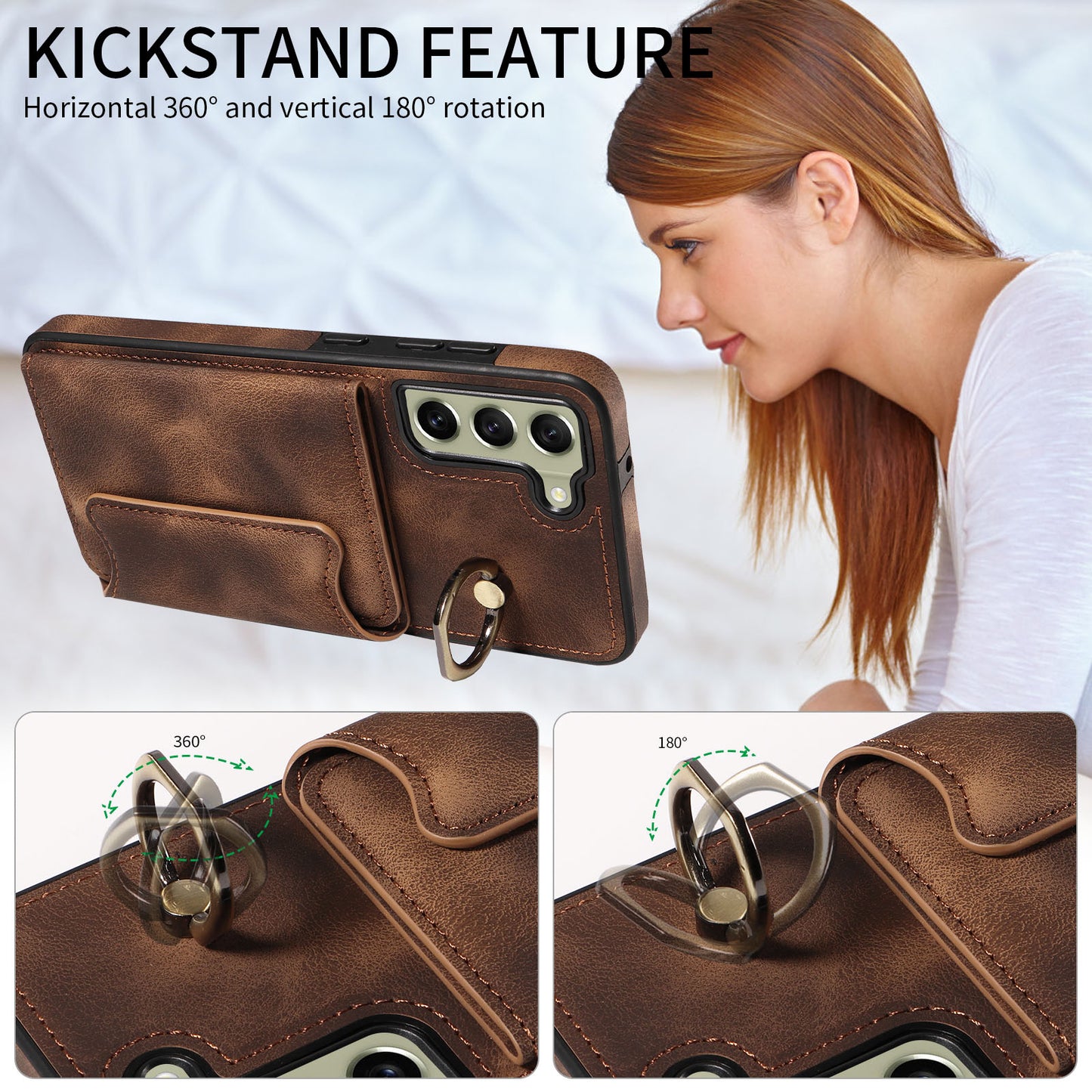 001 For Samsung Galaxy S21 FE 5G PU Leather+TPU Cover Card Holder Phone Case with Ring Kickstand