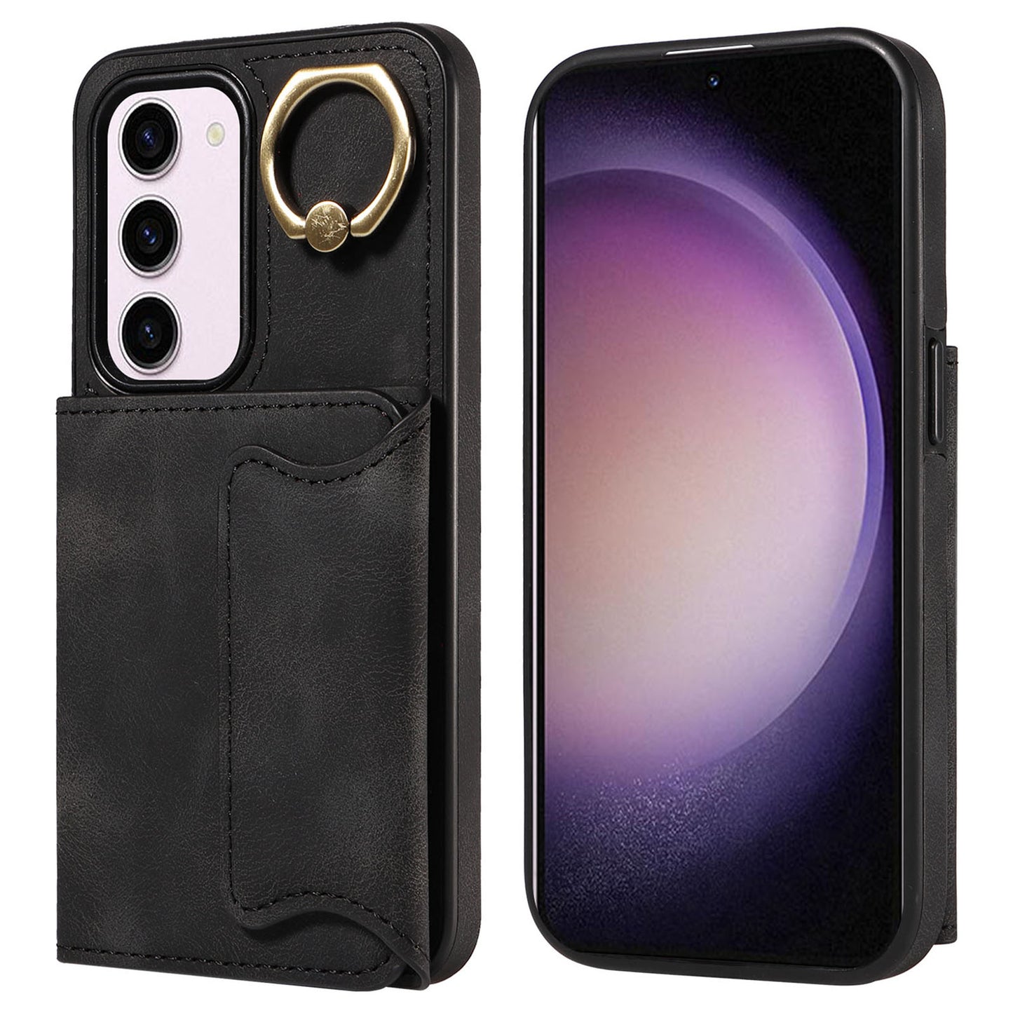 001 PU Leather+TPU Back Cover for Samsung Galaxy S23 Ring Kickstand Phone Case with Card Holder