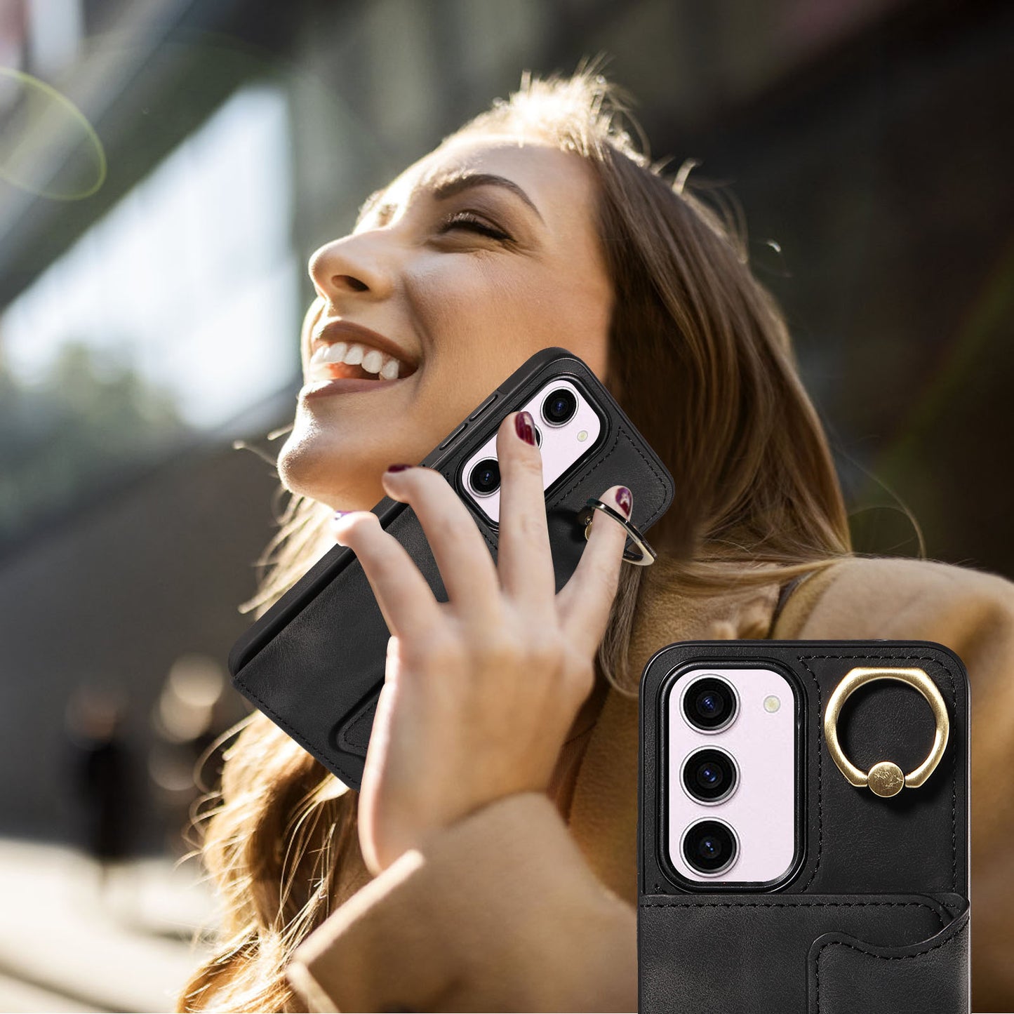 001 PU Leather+TPU Back Cover for Samsung Galaxy S23 Ring Kickstand Phone Case with Card Holder