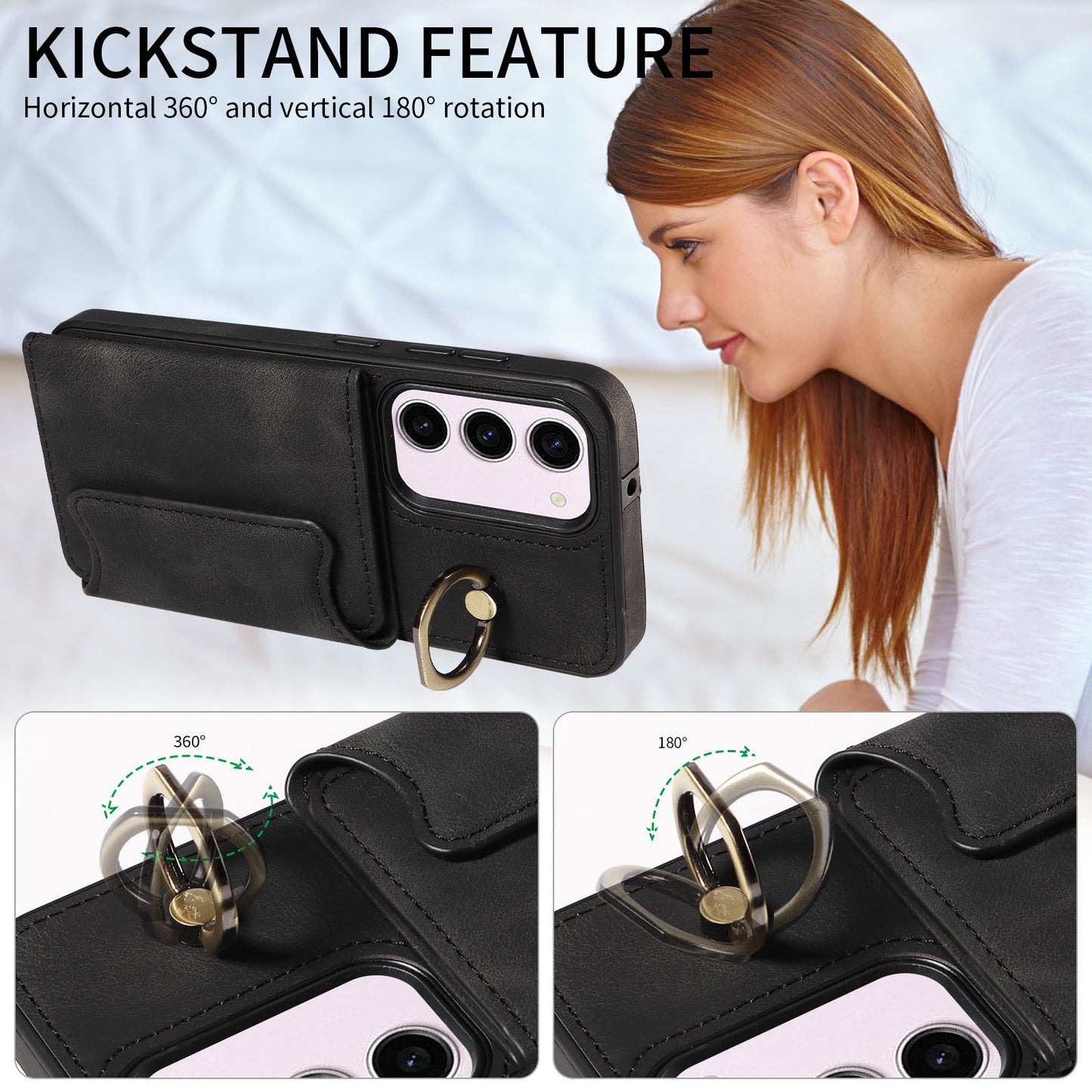 001 PU Leather+TPU Back Cover for Samsung Galaxy S23 Ring Kickstand Phone Case with Card Holder