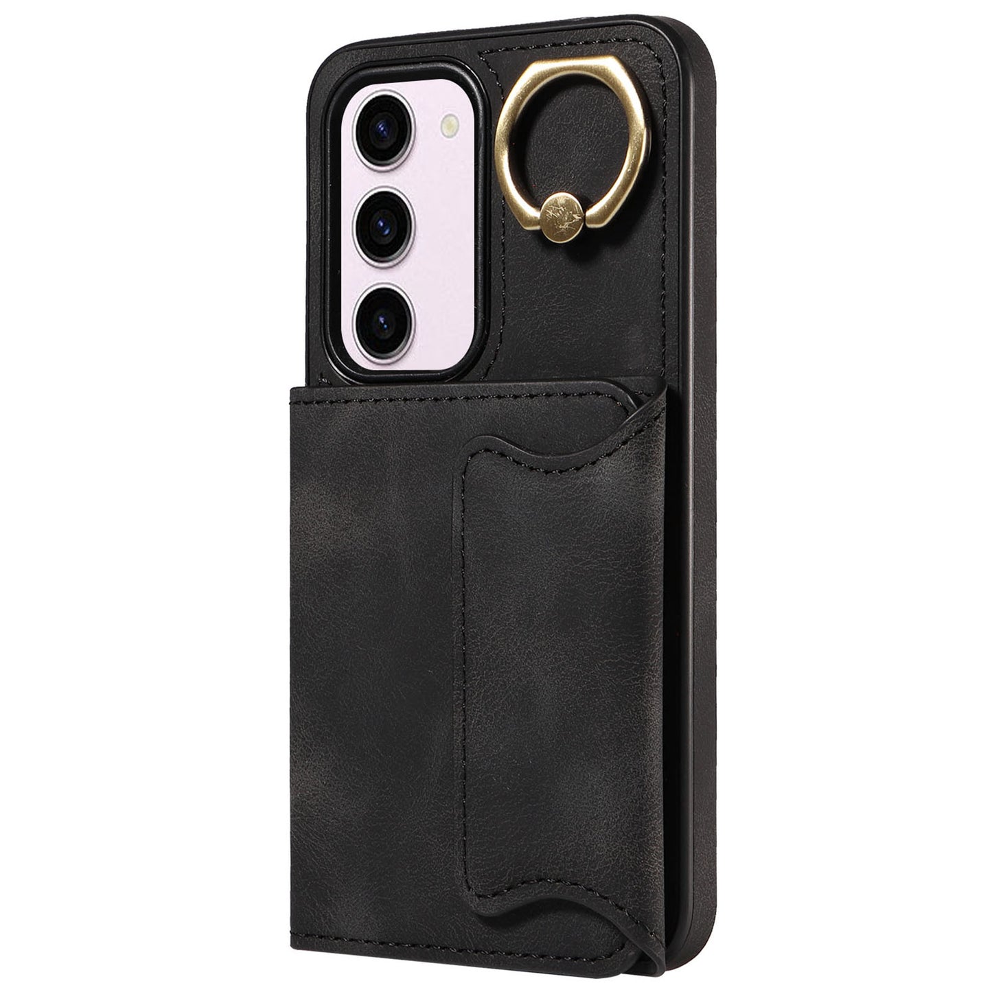 001 PU Leather+TPU Back Cover for Samsung Galaxy S23 Ring Kickstand Phone Case with Card Holder