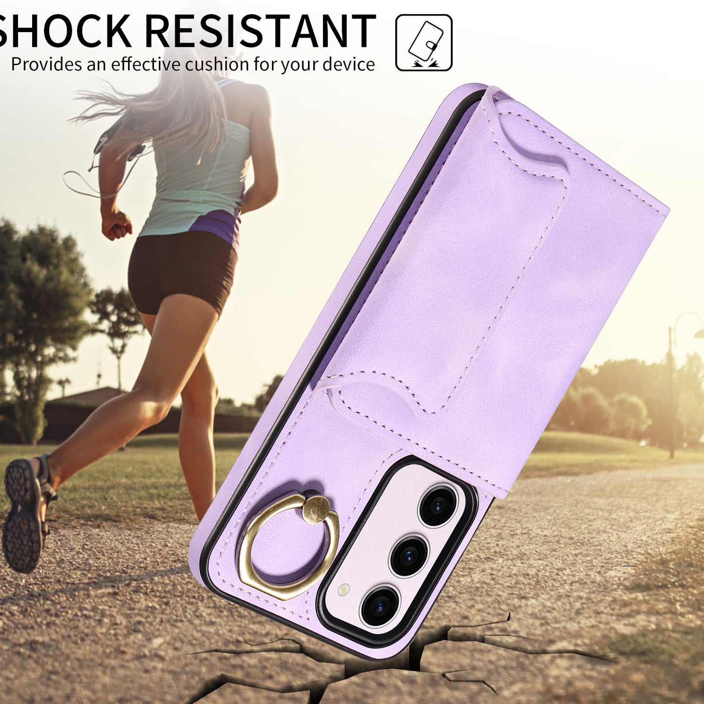 001 PU Leather+TPU Back Cover for Samsung Galaxy S23 Ring Kickstand Phone Case with Card Holder