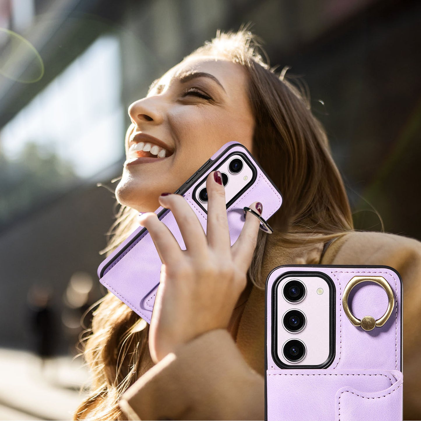 001 PU Leather+TPU Back Cover for Samsung Galaxy S23 Ring Kickstand Phone Case with Card Holder