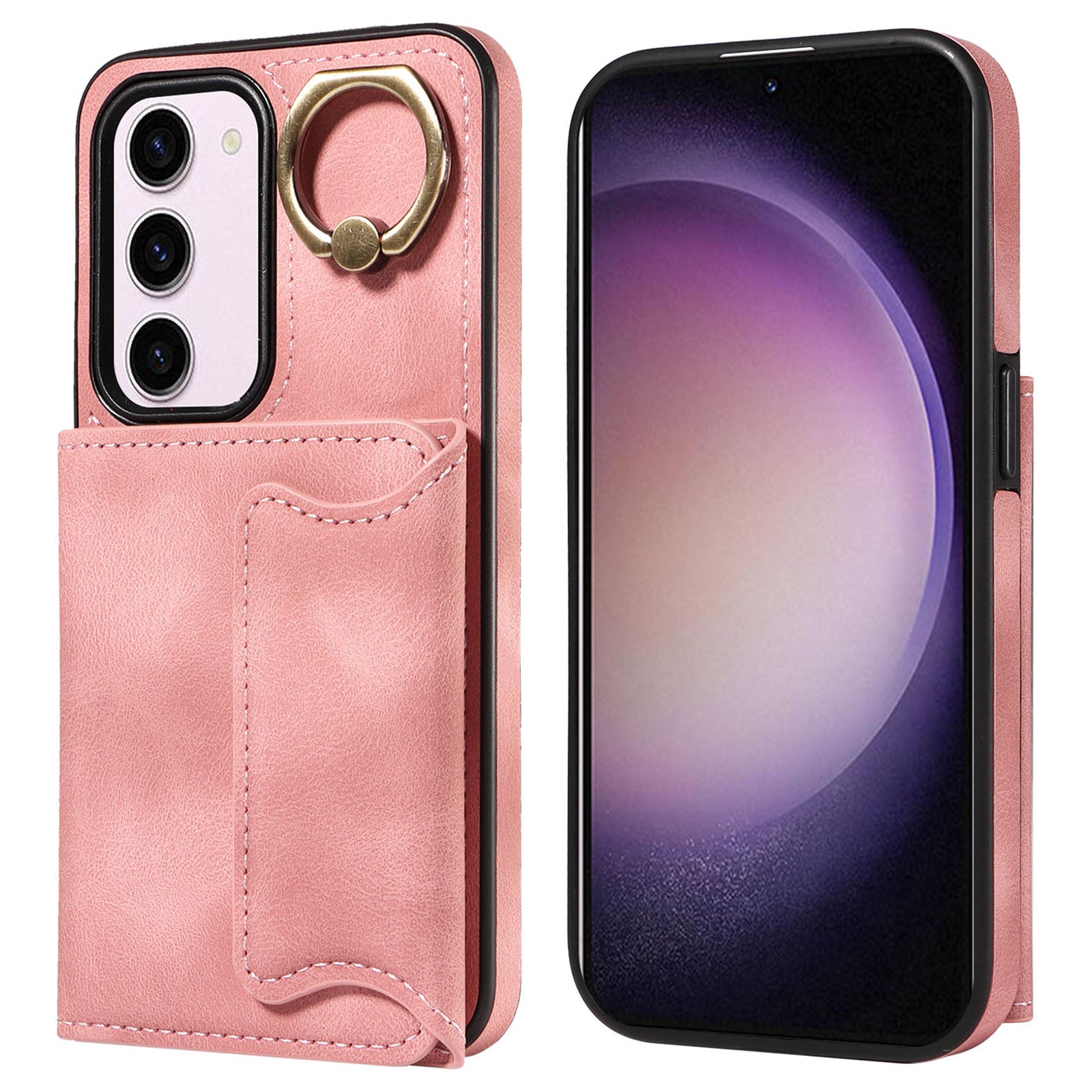 001 PU Leather+TPU Back Cover for Samsung Galaxy S23 Ring Kickstand Phone Case with Card Holder