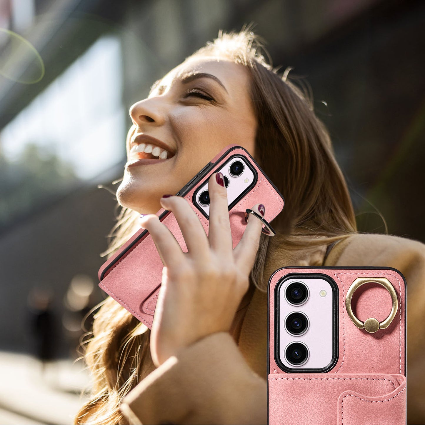 001 PU Leather+TPU Back Cover for Samsung Galaxy S23 Ring Kickstand Phone Case with Card Holder