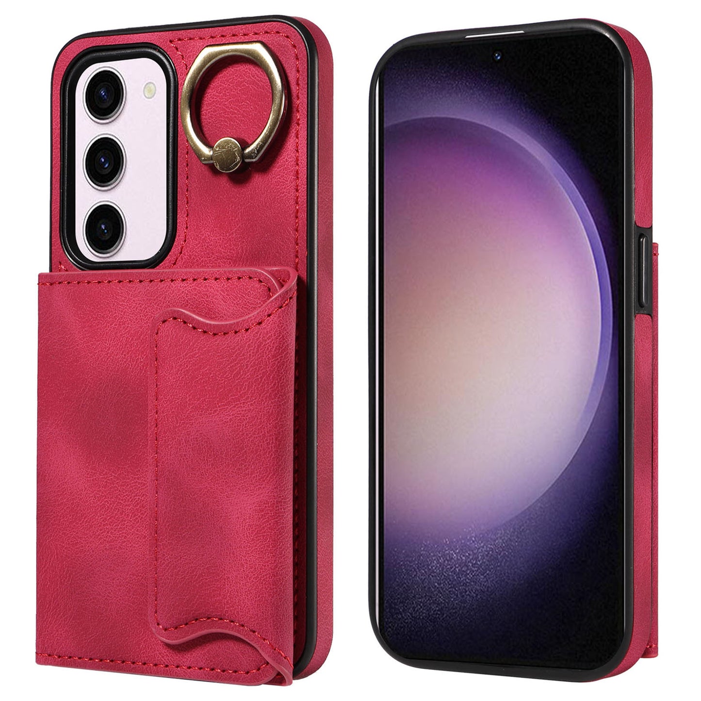 001 PU Leather+TPU Back Cover for Samsung Galaxy S23 Ring Kickstand Phone Case with Card Holder