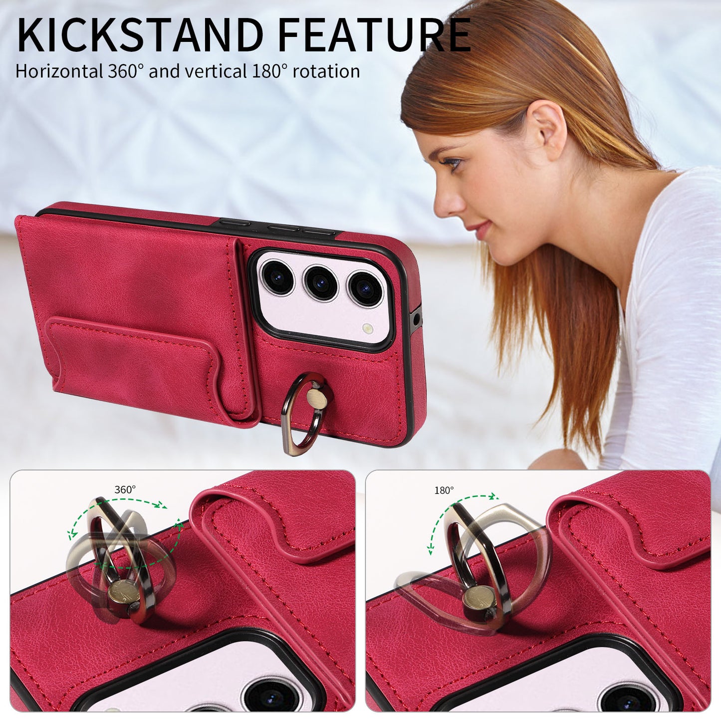 001 PU Leather+TPU Back Cover for Samsung Galaxy S23 Ring Kickstand Phone Case with Card Holder