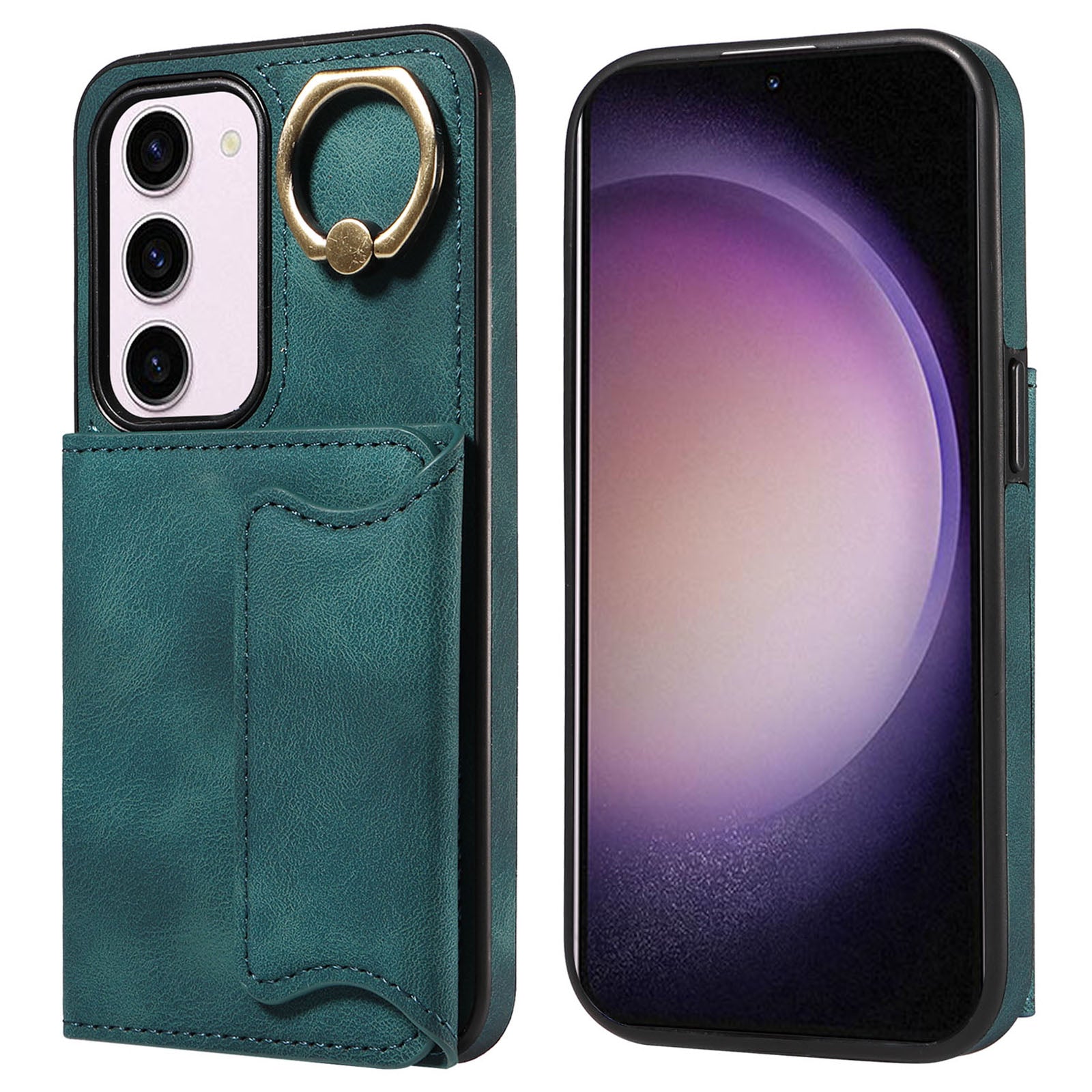 001 PU Leather+TPU Back Cover for Samsung Galaxy S23 Ring Kickstand Phone Case with Card Holder