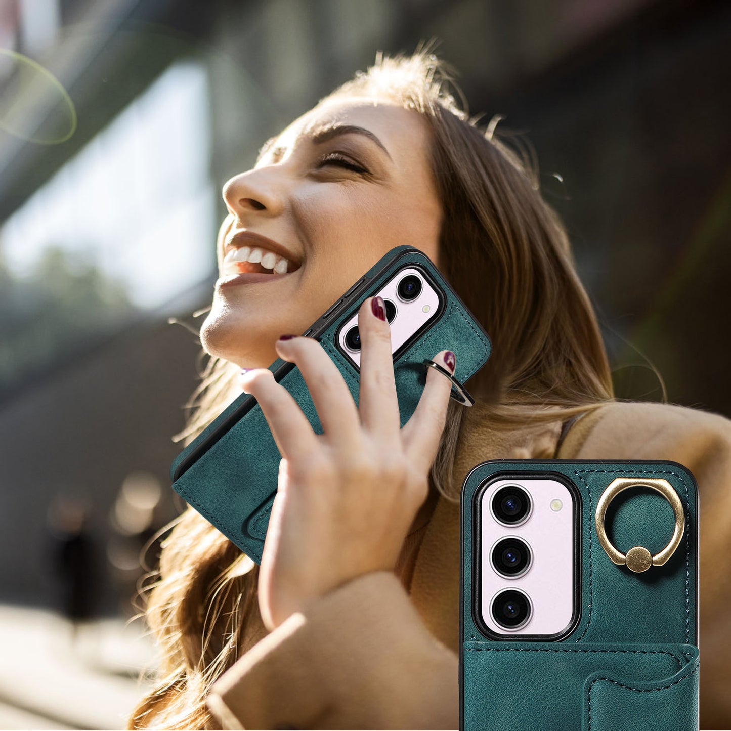 001 PU Leather+TPU Back Cover for Samsung Galaxy S23 Ring Kickstand Phone Case with Card Holder