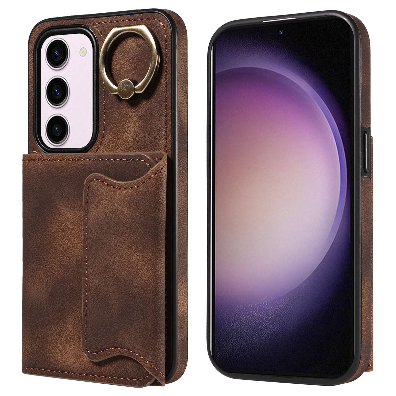 001 PU Leather+TPU Back Cover for Samsung Galaxy S23 Ring Kickstand Phone Case with Card Holder