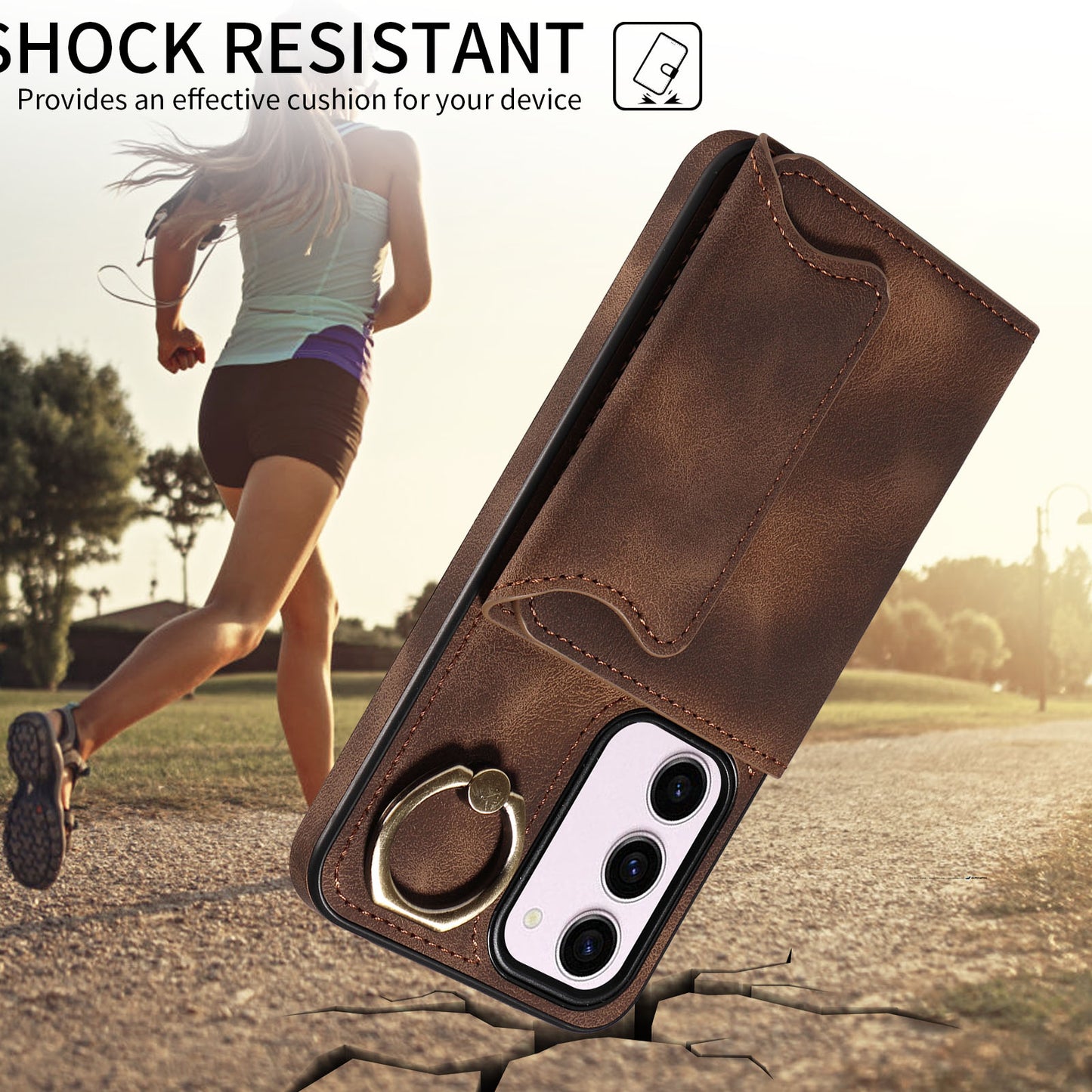 001 PU Leather+TPU Back Cover for Samsung Galaxy S23 Ring Kickstand Phone Case with Card Holder