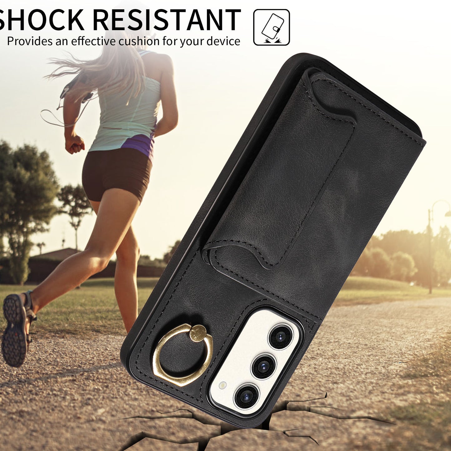 001 For Samsung Galaxy S23+ Card Holder Back Cover Ring Kickstand PU Leather Coated TPU Phone Case