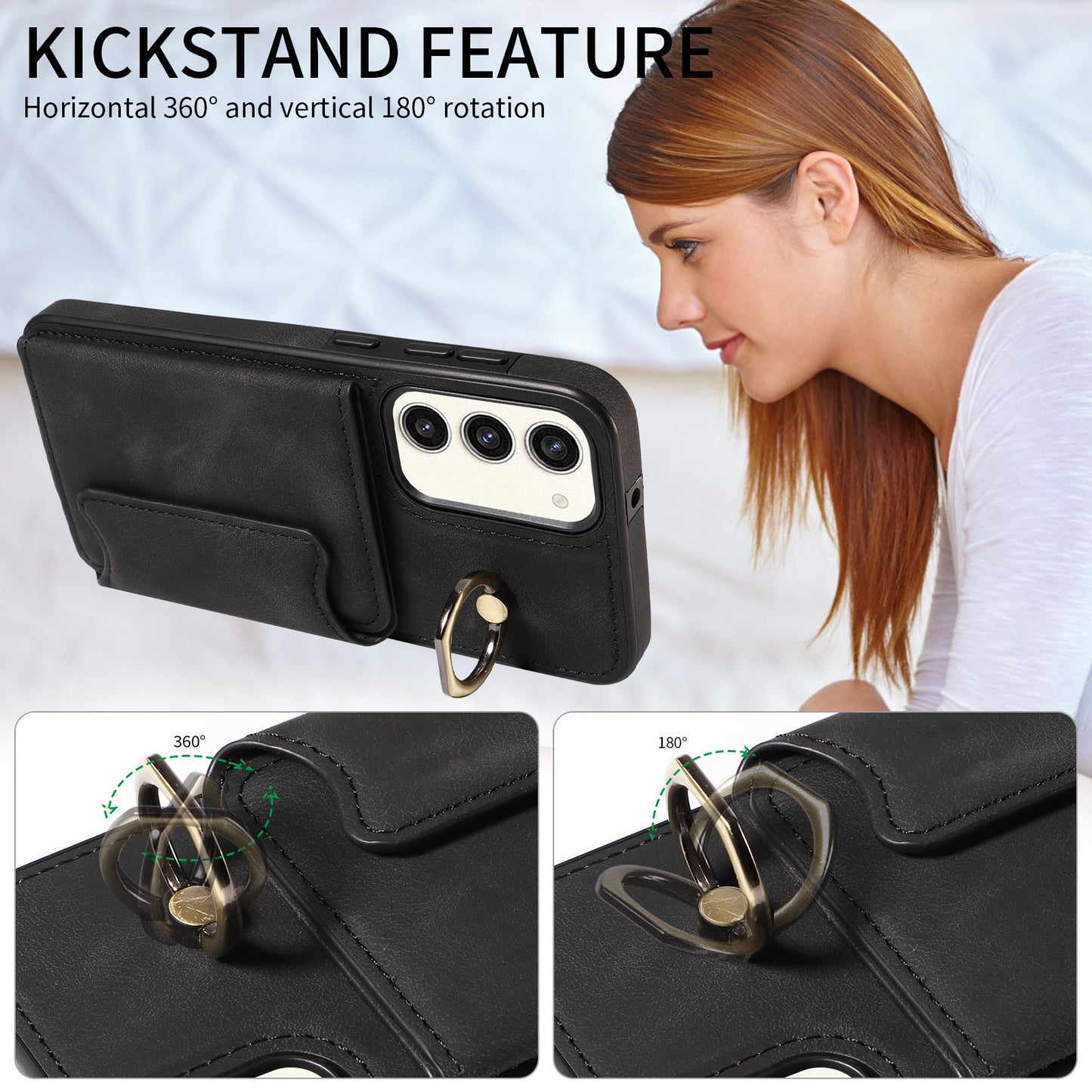001 For Samsung Galaxy S23+ Card Holder Back Cover Ring Kickstand PU Leather Coated TPU Phone Case