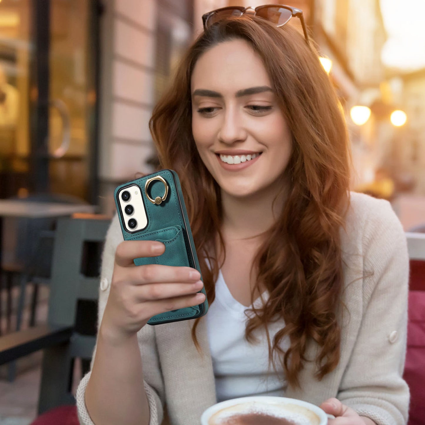 001 For Samsung Galaxy S23+ Card Holder Back Cover Ring Kickstand PU Leather Coated TPU Phone Case