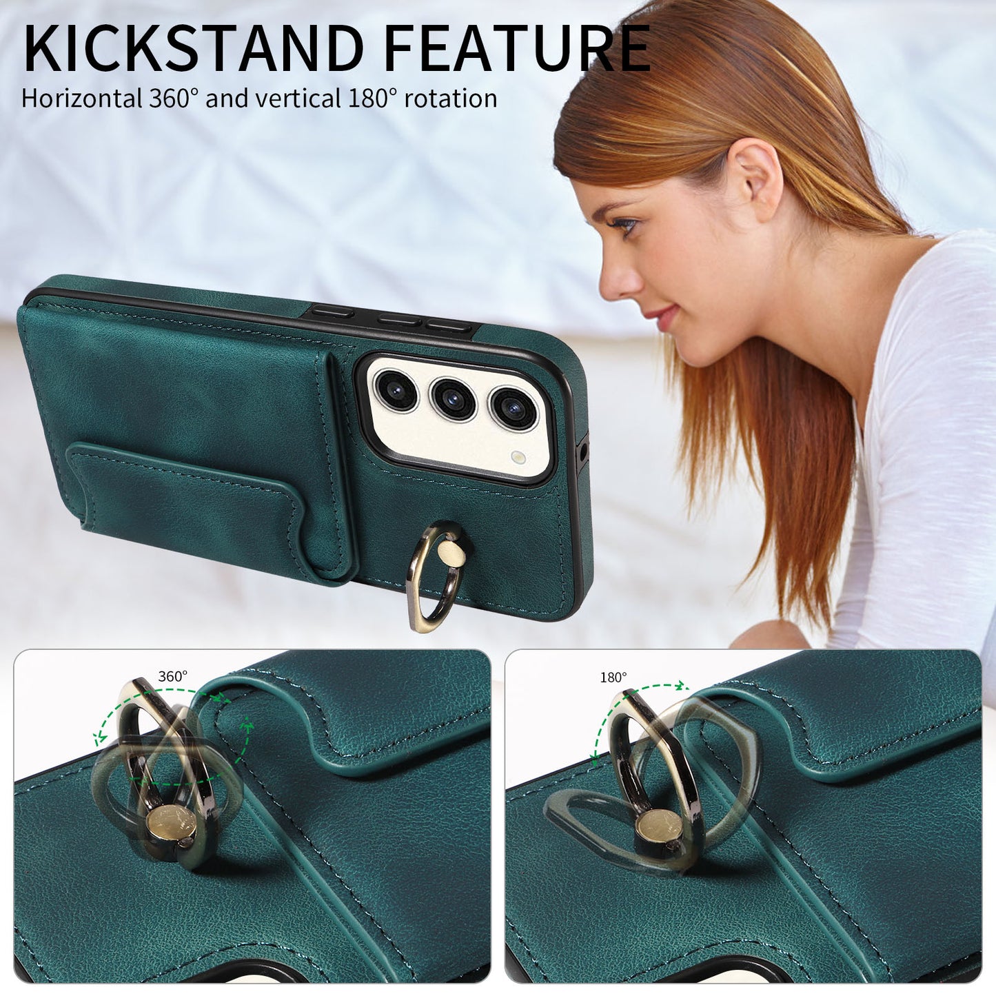 001 For Samsung Galaxy S23+ Card Holder Back Cover Ring Kickstand PU Leather Coated TPU Phone Case