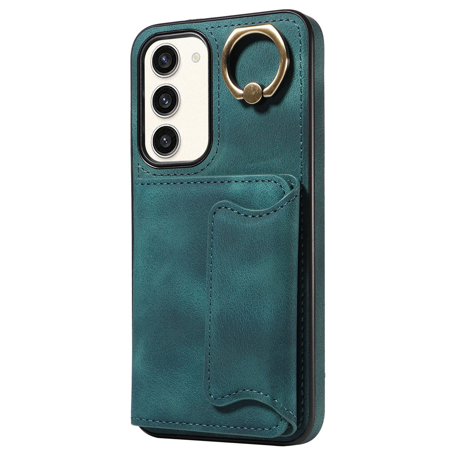 001 For Samsung Galaxy S23+ Card Holder Back Cover Ring Kickstand PU Leather Coated TPU Phone Case