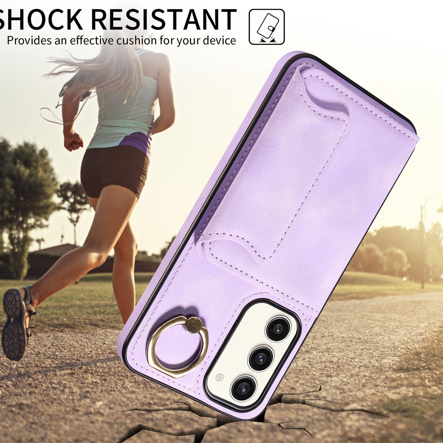 001 For Samsung Galaxy S23+ Card Holder Back Cover Ring Kickstand PU Leather Coated TPU Phone Case