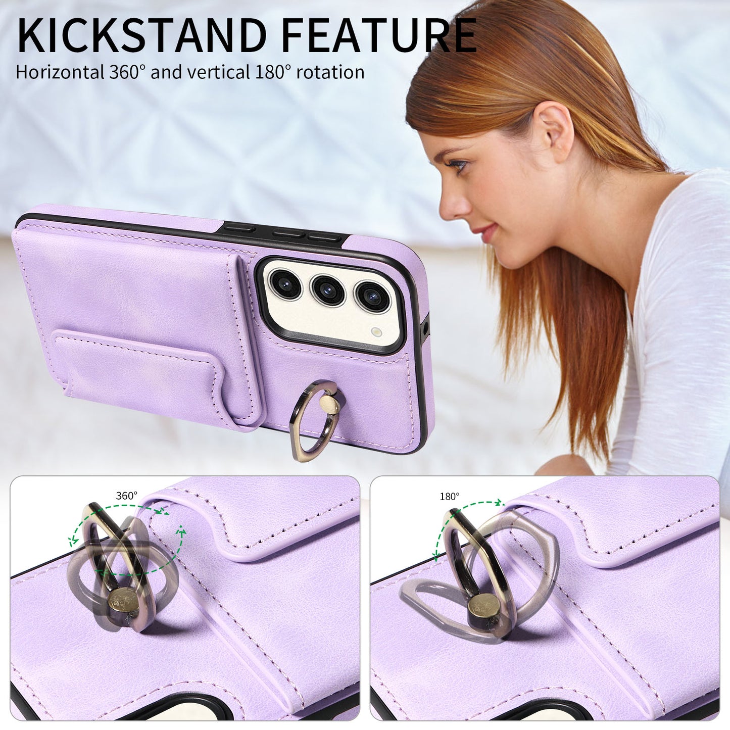 001 For Samsung Galaxy S23+ Card Holder Back Cover Ring Kickstand PU Leather Coated TPU Phone Case