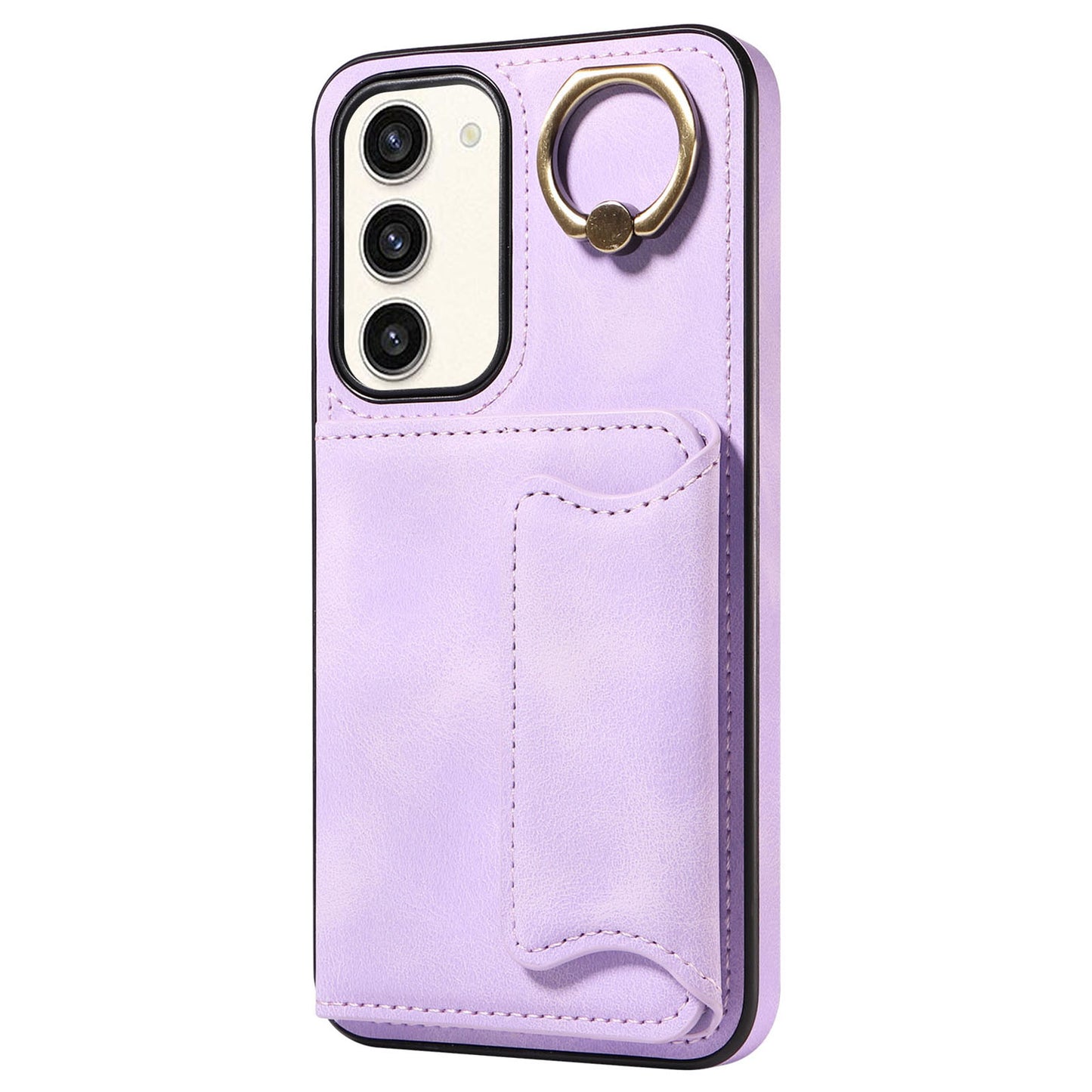 001 For Samsung Galaxy S23+ Card Holder Back Cover Ring Kickstand PU Leather Coated TPU Phone Case