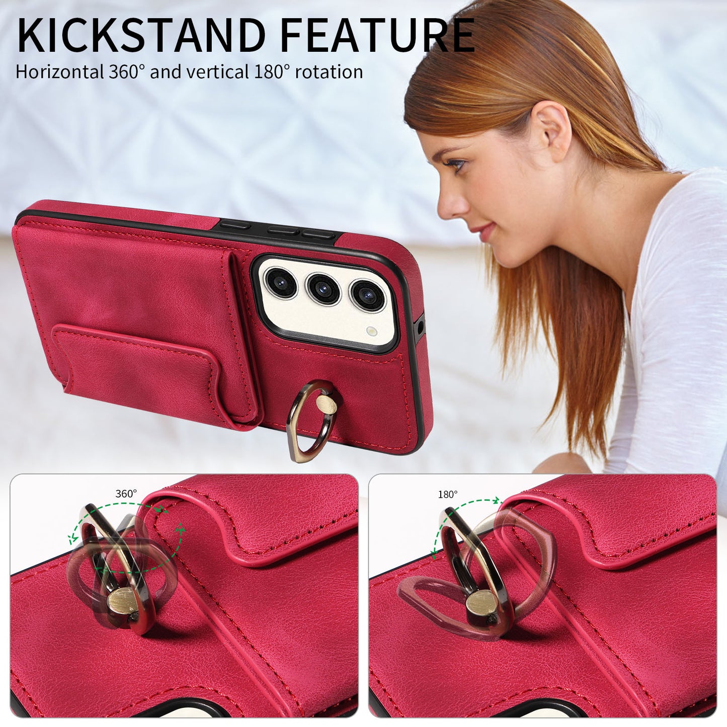 001 For Samsung Galaxy S23+ Card Holder Back Cover Ring Kickstand PU Leather Coated TPU Phone Case