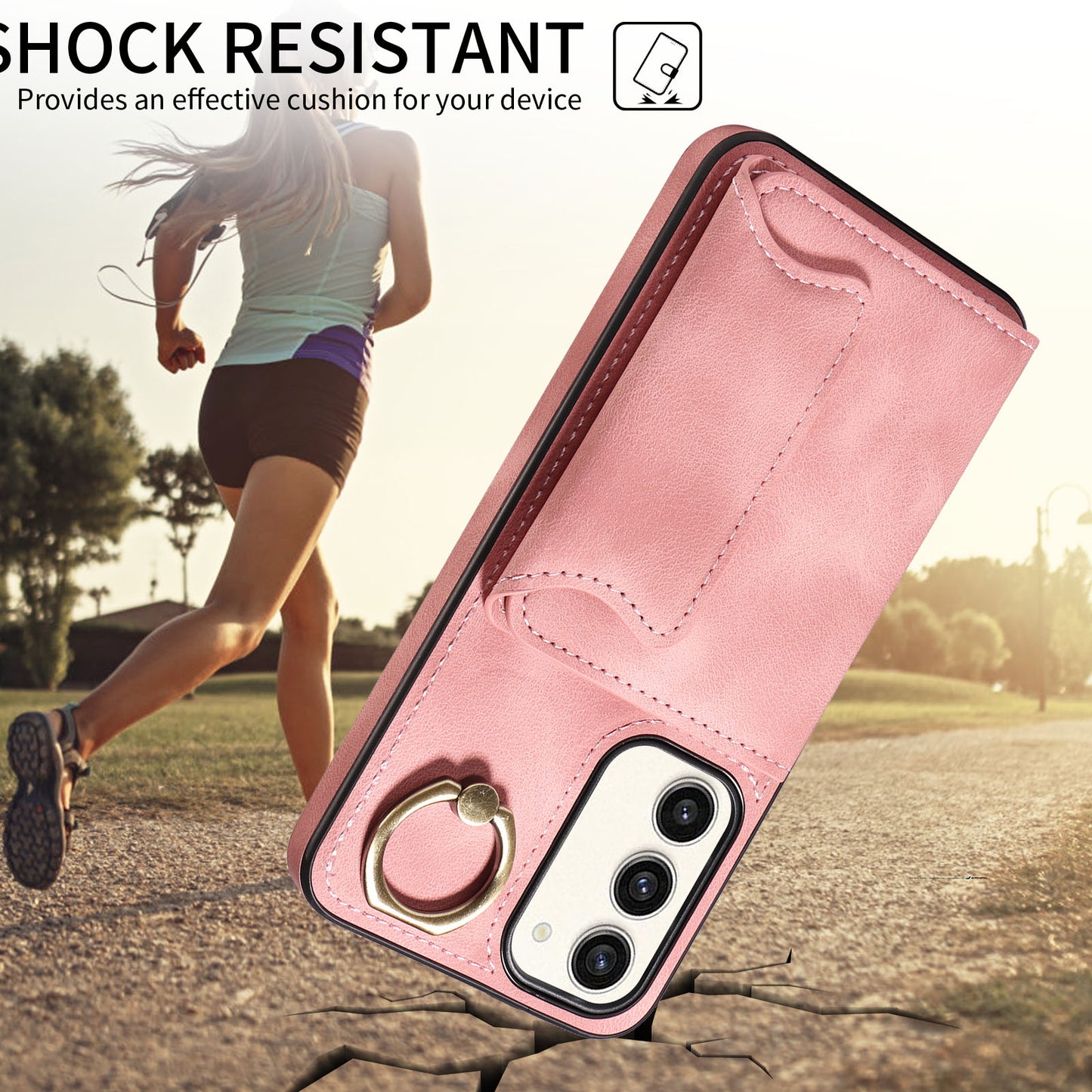 001 For Samsung Galaxy S23+ Card Holder Back Cover Ring Kickstand PU Leather Coated TPU Phone Case