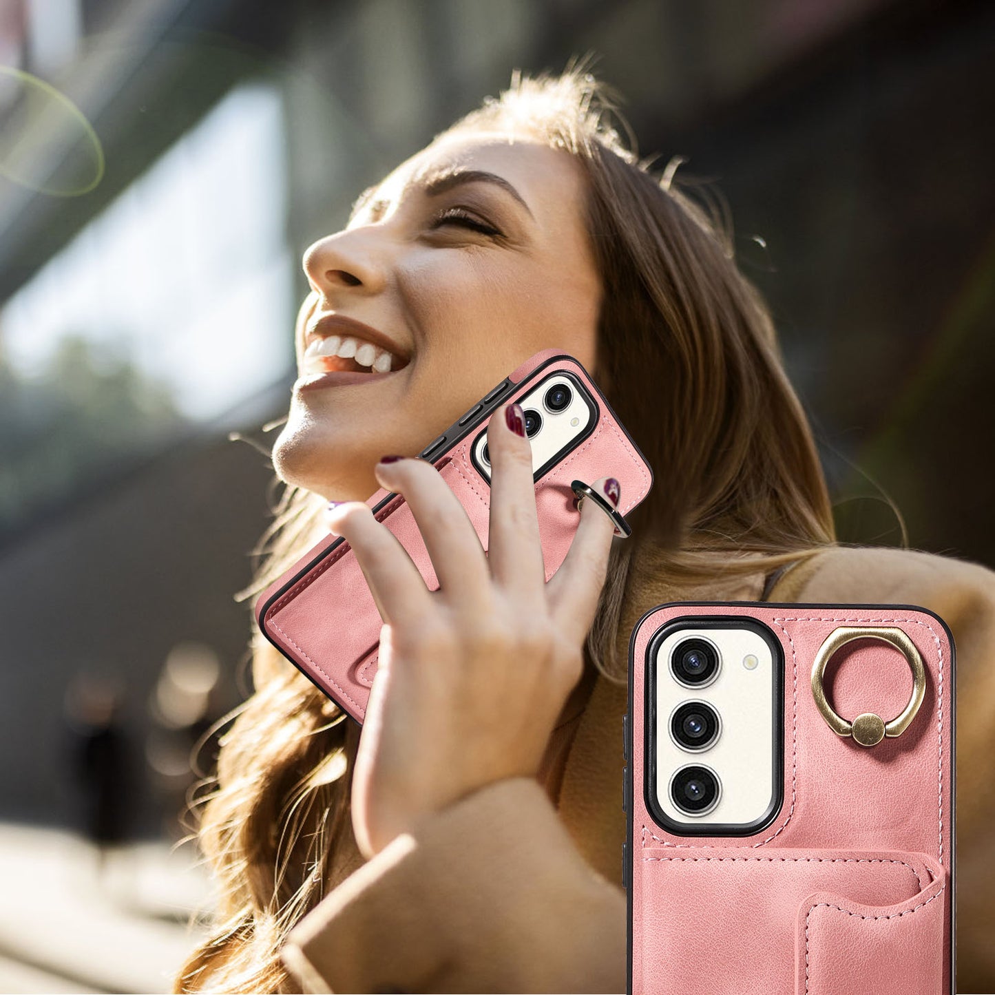 001 For Samsung Galaxy S23+ Card Holder Back Cover Ring Kickstand PU Leather Coated TPU Phone Case