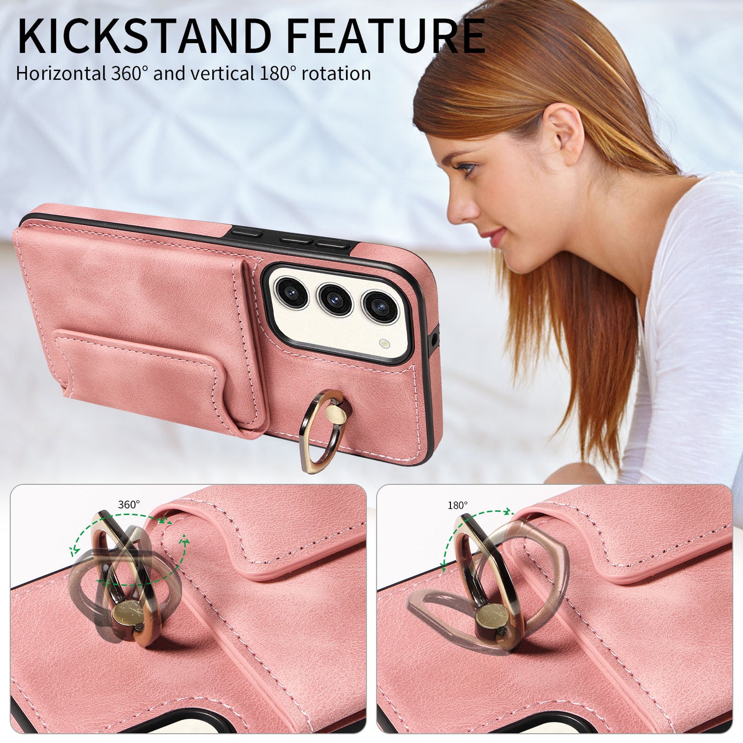 001 For Samsung Galaxy S23+ Card Holder Back Cover Ring Kickstand PU Leather Coated TPU Phone Case