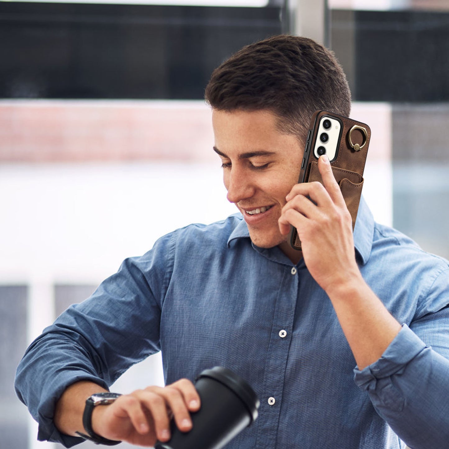 001 For Samsung Galaxy S23+ Card Holder Back Cover Ring Kickstand PU Leather Coated TPU Phone Case