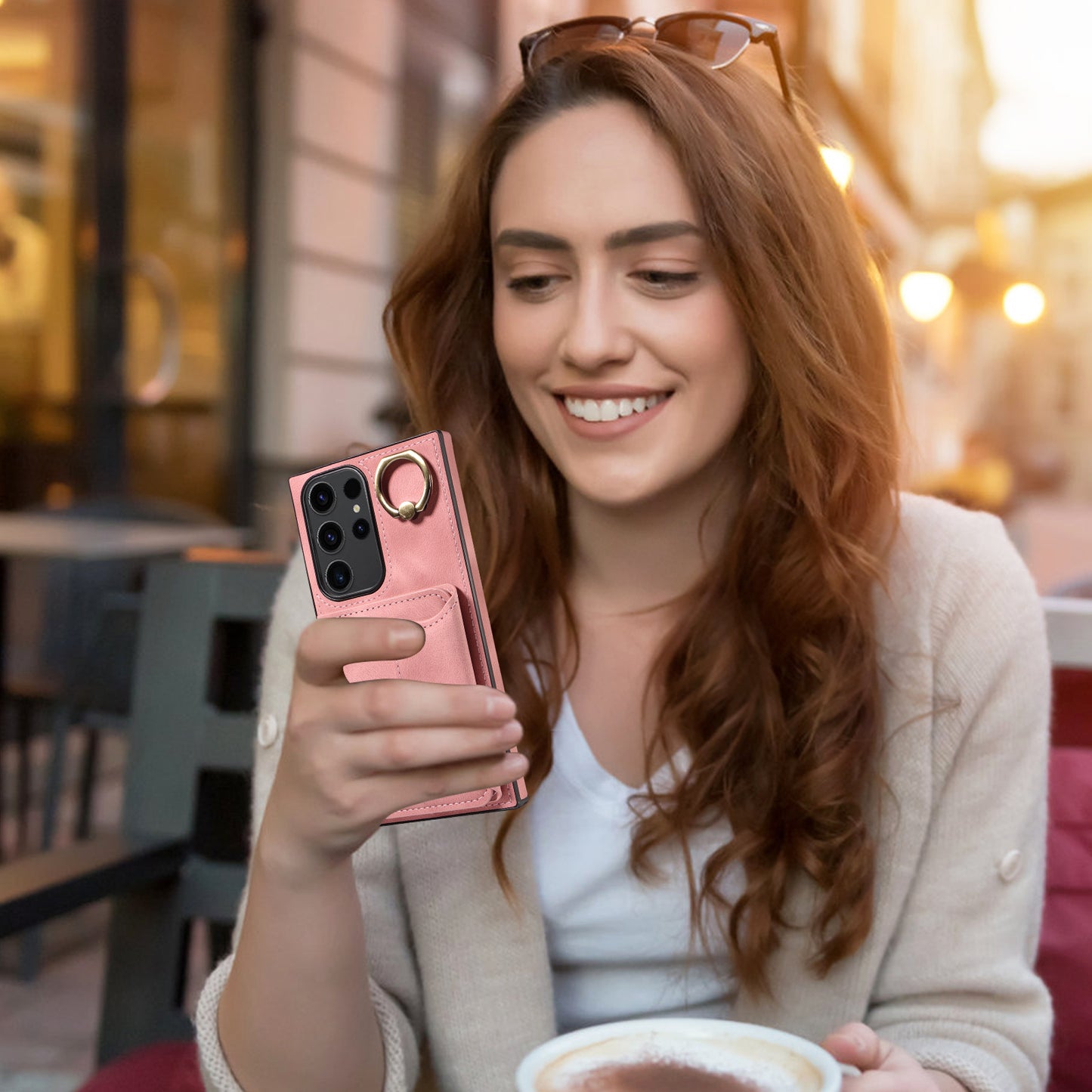 001 For Samsung Galaxy S23 Ultra PU Leather+TPU Card Holder Phone Case Ring Kickstand Skin-touch Cover