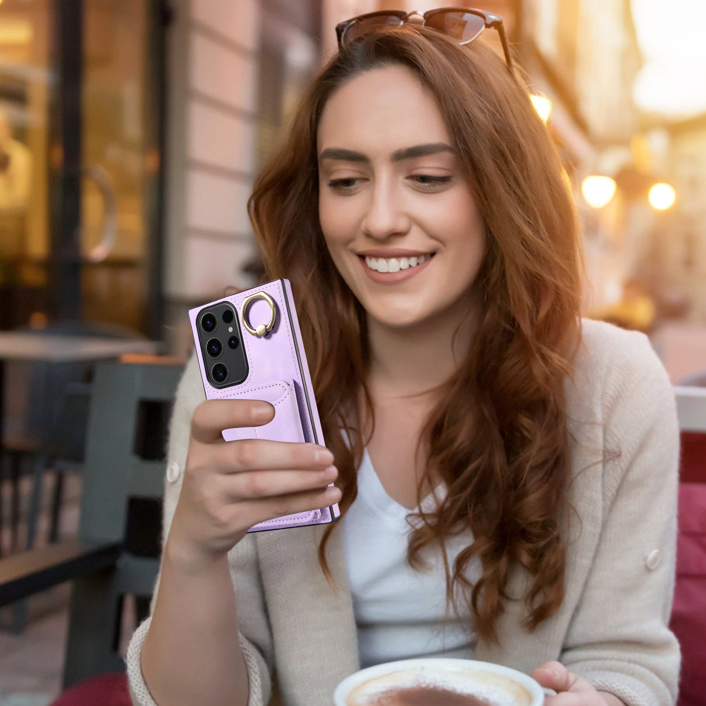 001 For Samsung Galaxy S23 Ultra PU Leather+TPU Card Holder Phone Case Ring Kickstand Skin-touch Cover