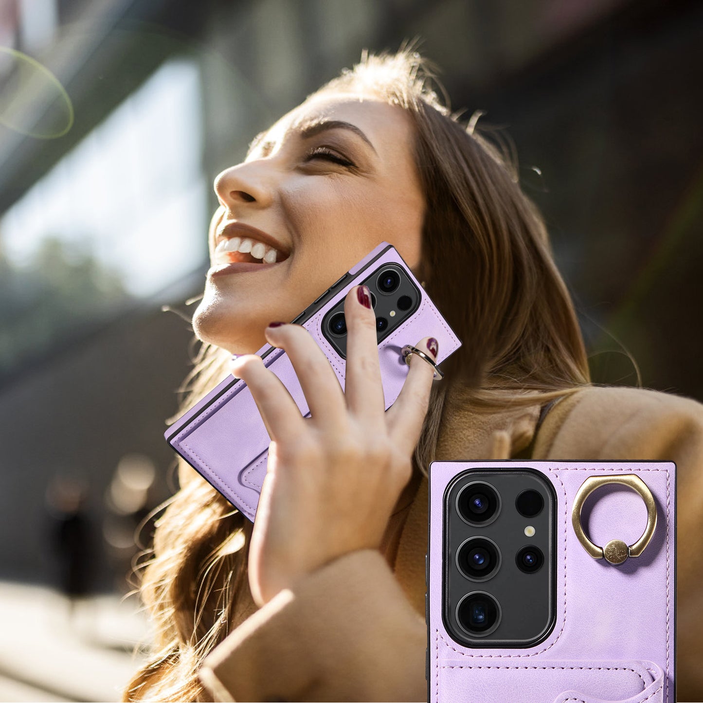 001 For Samsung Galaxy S23 Ultra PU Leather+TPU Card Holder Phone Case Ring Kickstand Skin-touch Cover