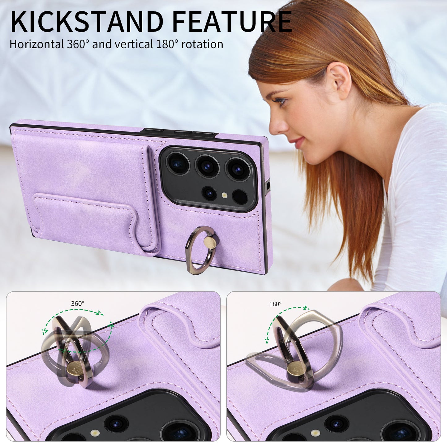 001 For Samsung Galaxy S23 Ultra PU Leather+TPU Card Holder Phone Case Ring Kickstand Skin-touch Cover