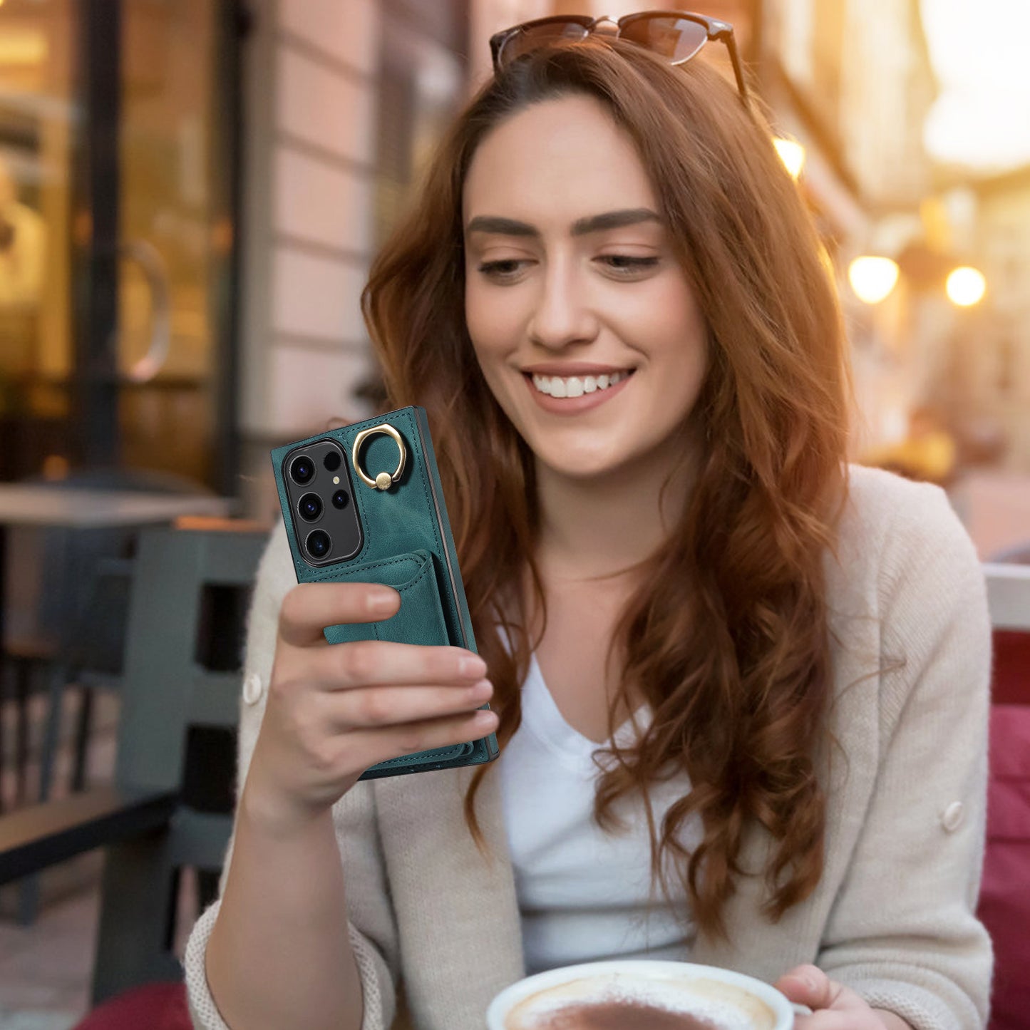 001 For Samsung Galaxy S23 Ultra PU Leather+TPU Card Holder Phone Case Ring Kickstand Skin-touch Cover