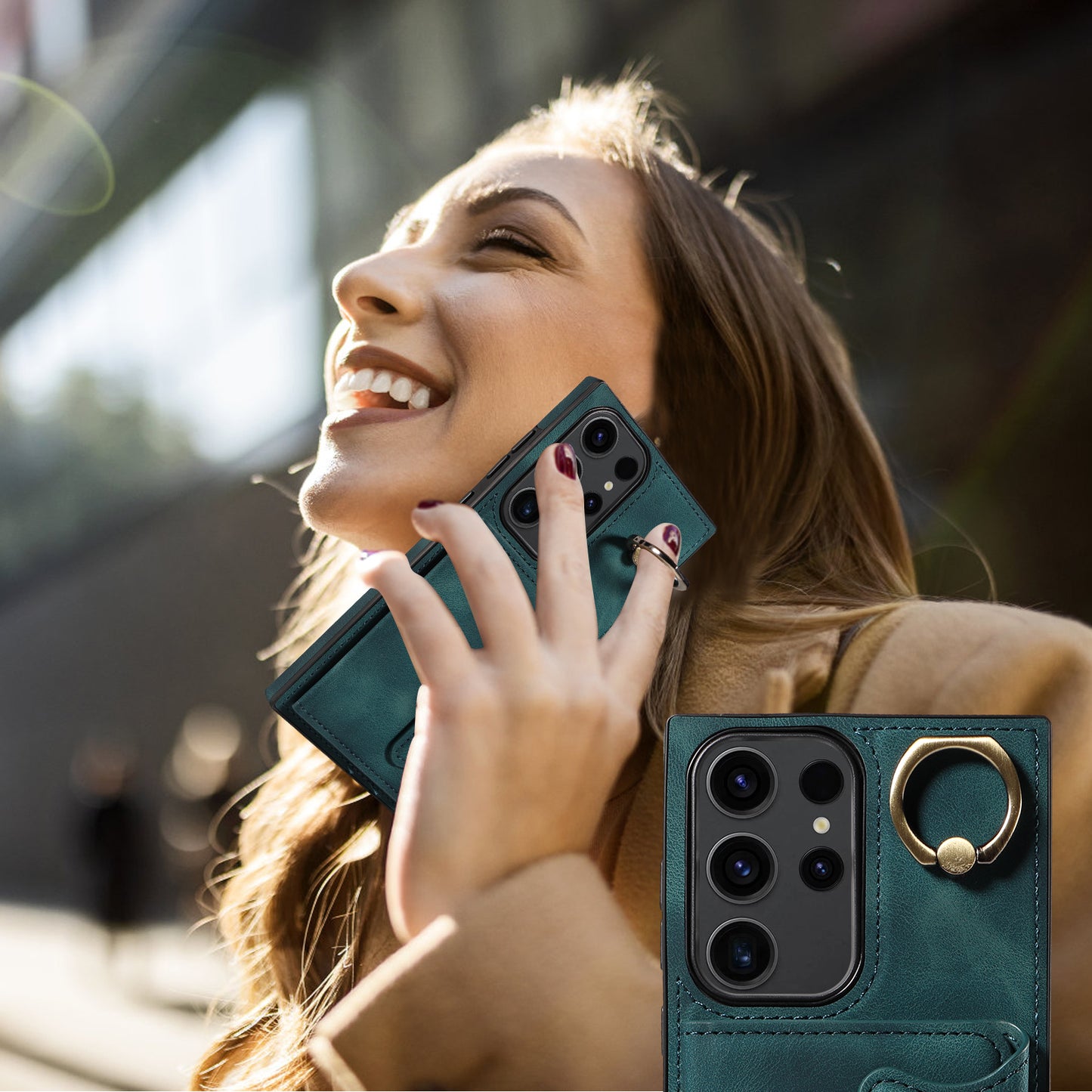 001 For Samsung Galaxy S23 Ultra PU Leather+TPU Card Holder Phone Case Ring Kickstand Skin-touch Cover