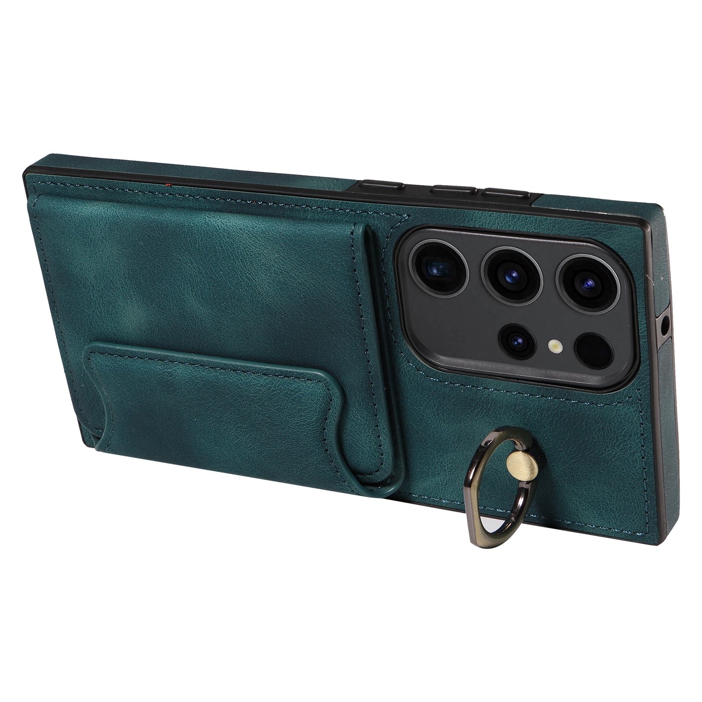 001 For Samsung Galaxy S23 Ultra PU Leather+TPU Card Holder Phone Case Ring Kickstand Skin-touch Cover