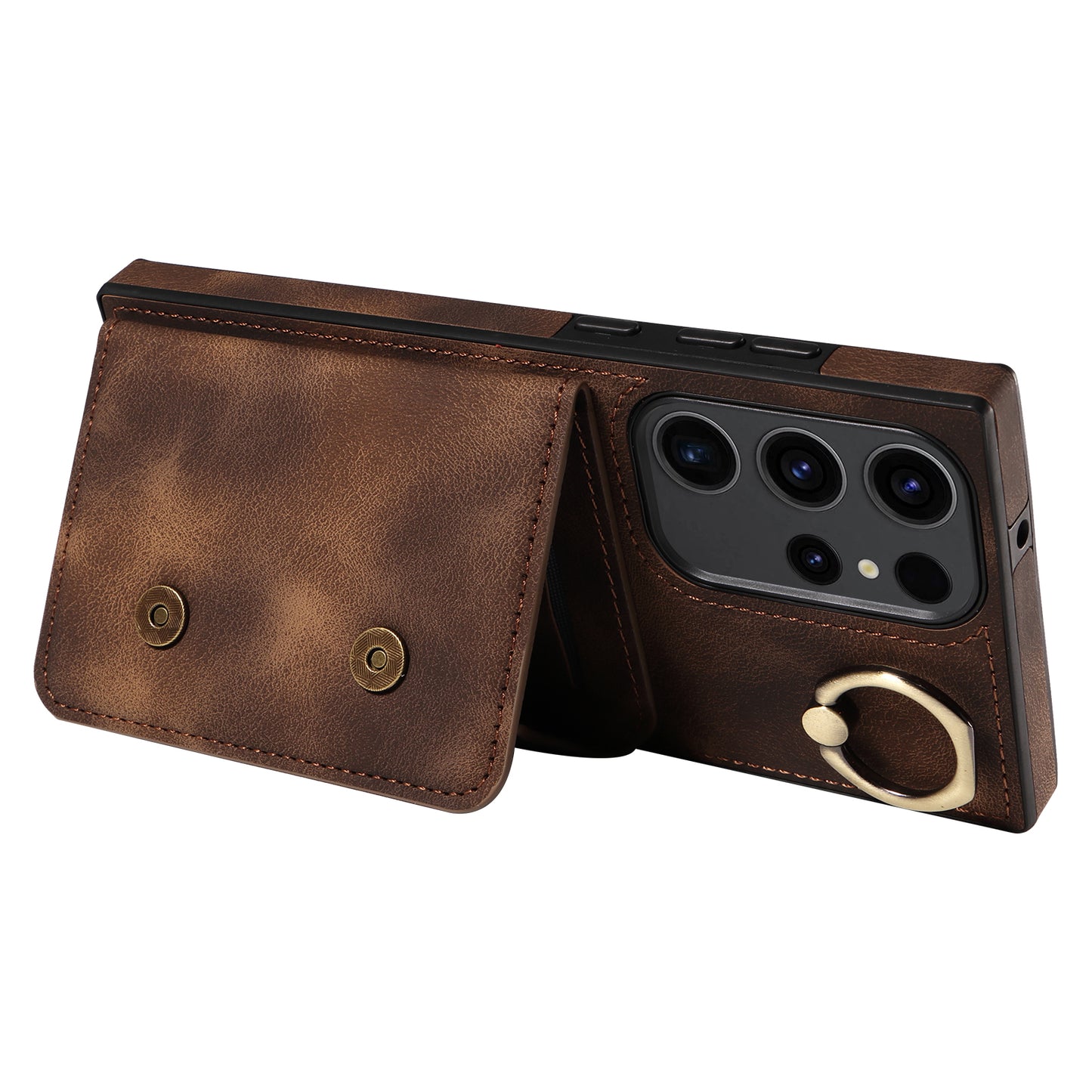 001 For Samsung Galaxy S23 Ultra PU Leather+TPU Card Holder Phone Case Ring Kickstand Skin-touch Cover