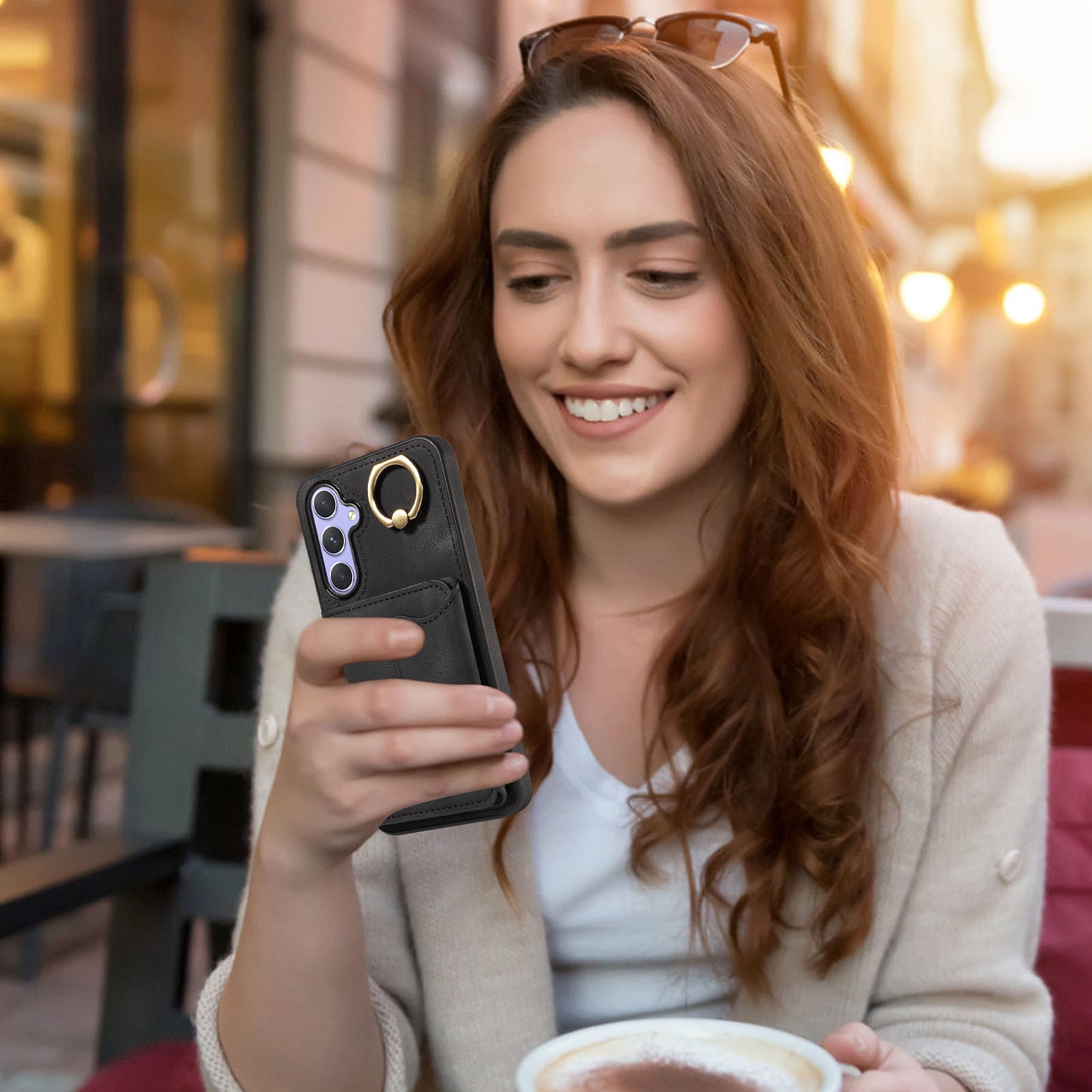 001 For Samsung Galaxy A54 5G Card Holder Phone Case Ring Kickstand Anti-drop PU Leather+TPU Cover