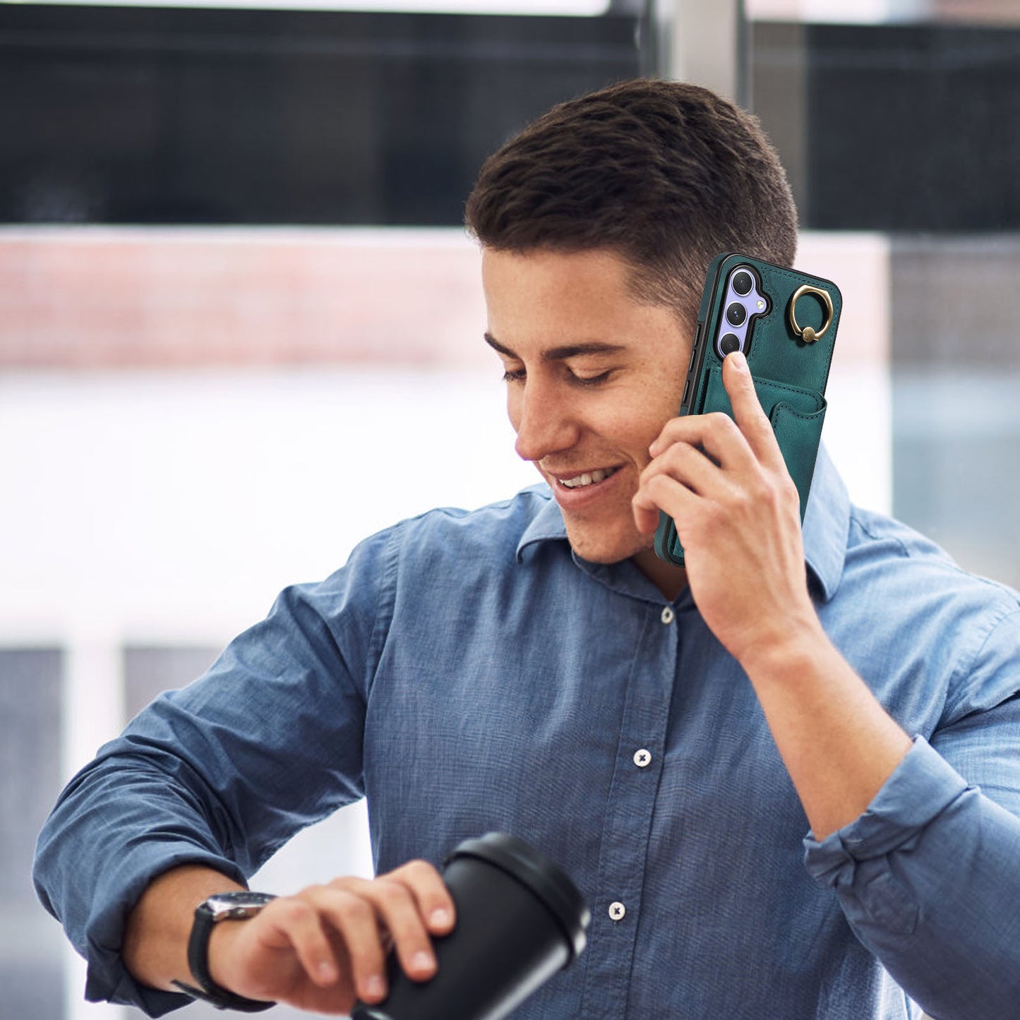 001 For Samsung Galaxy A54 5G Card Holder Phone Case Ring Kickstand Anti-drop PU Leather+TPU Cover