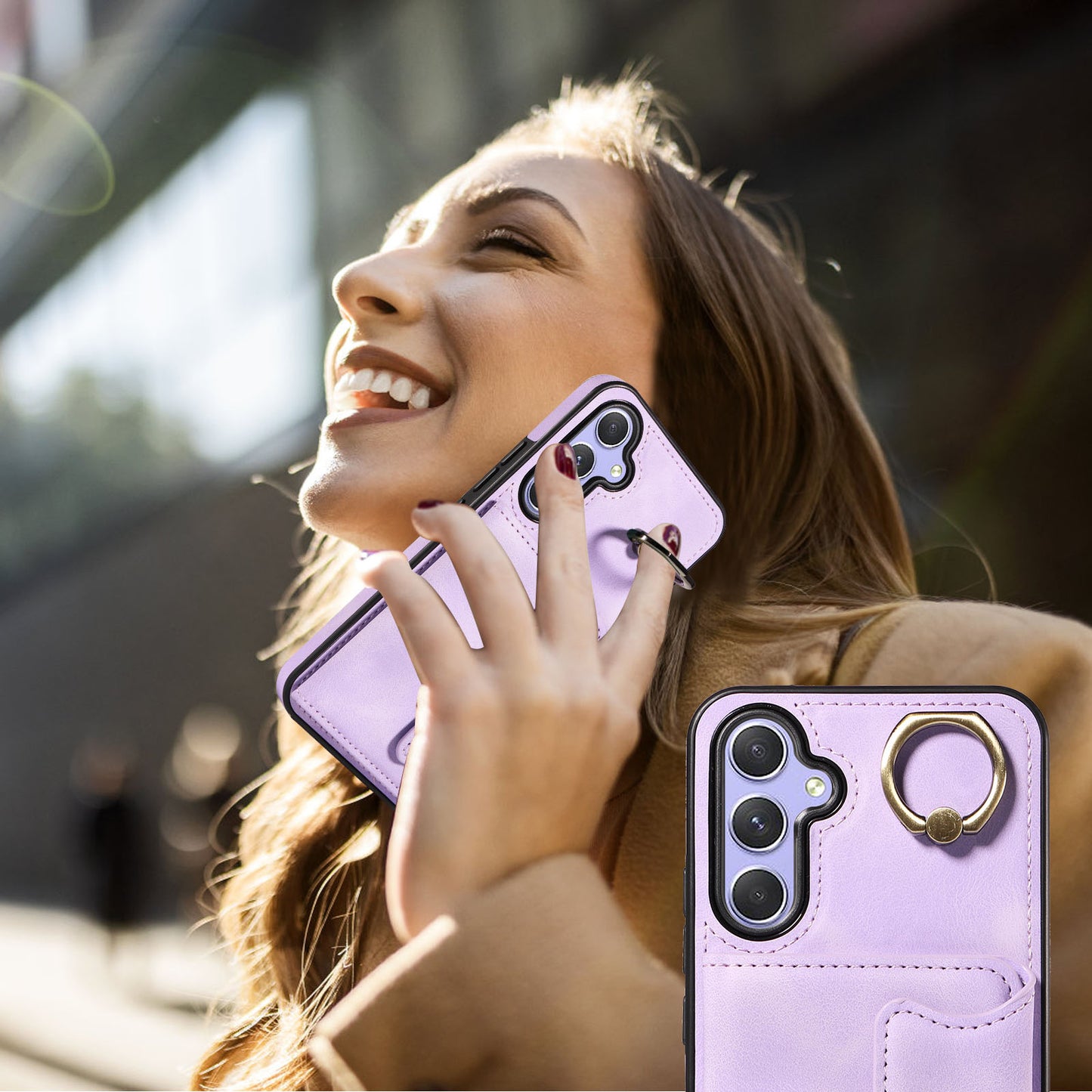 001 For Samsung Galaxy A54 5G Card Holder Phone Case Ring Kickstand Anti-drop PU Leather+TPU Cover