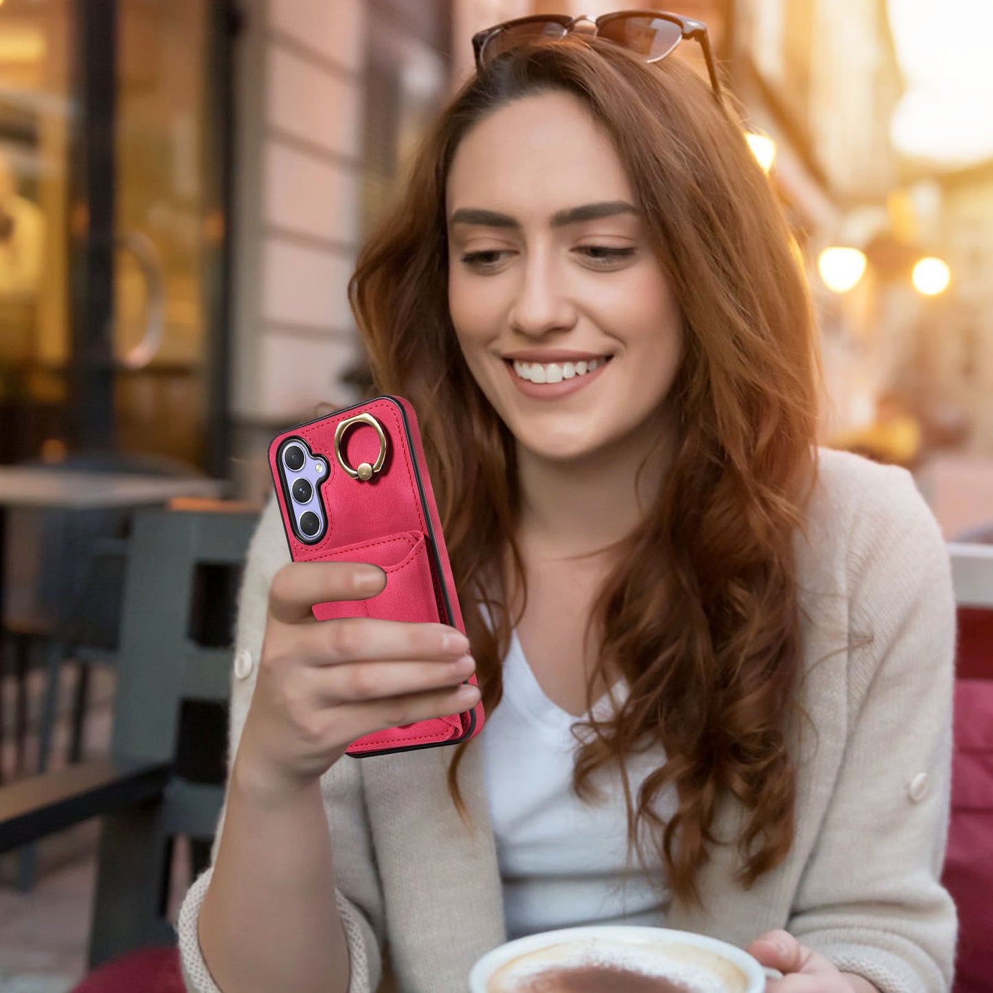 001 For Samsung Galaxy A54 5G Card Holder Phone Case Ring Kickstand Anti-drop PU Leather+TPU Cover