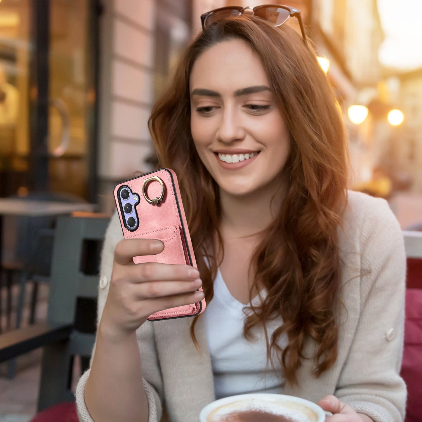 001 For Samsung Galaxy A54 5G Card Holder Phone Case Ring Kickstand Anti-drop PU Leather+TPU Cover